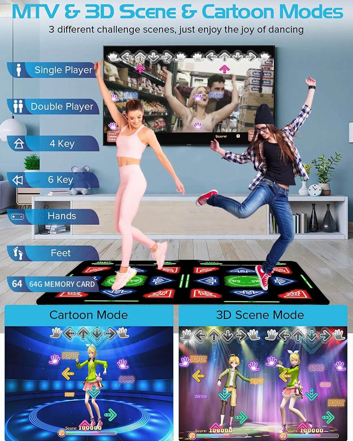 Tappeto Danza HDMI 64GB 1000 Giochi 885 brani 81 Video MTV Morbido Flanella per Bambini TV