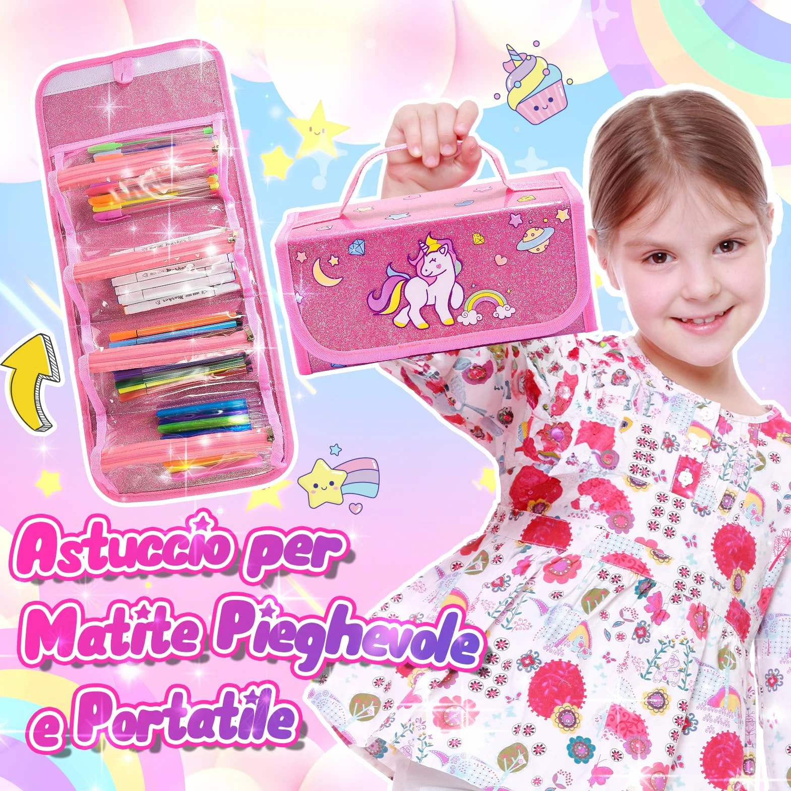 HappyGoLucky Valigetta Colori per Bambini Kit Disegno Acquerelli Pastelli Pennarello Impermeabile Rosa