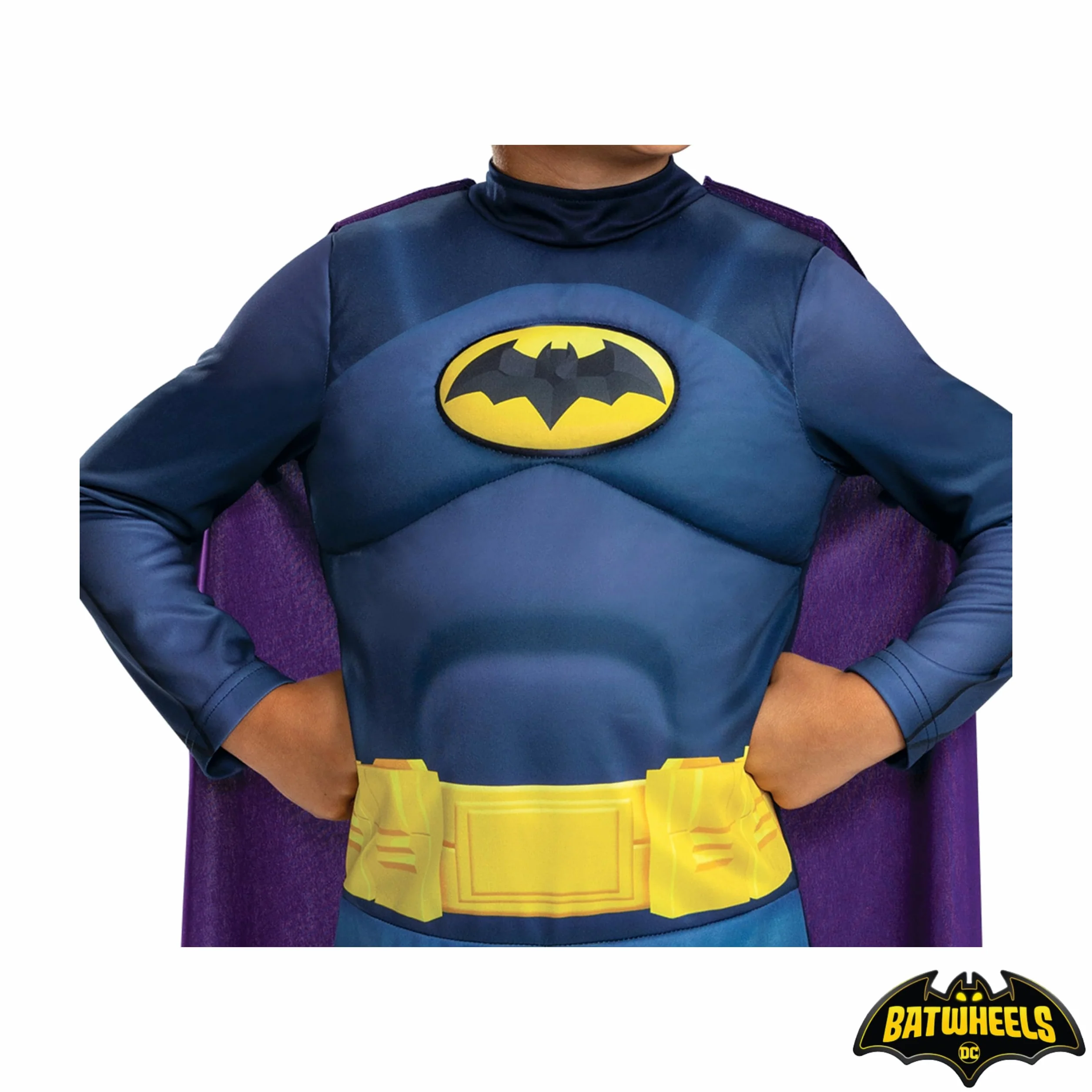 Batwheels Costume da Batman per bambini, ufficiale Batman di Disguise, con petto imbottito blu scuro con emblema pipistrello, include mantello viola e mezza maschera, per età 3-4 e 4-6 anni
