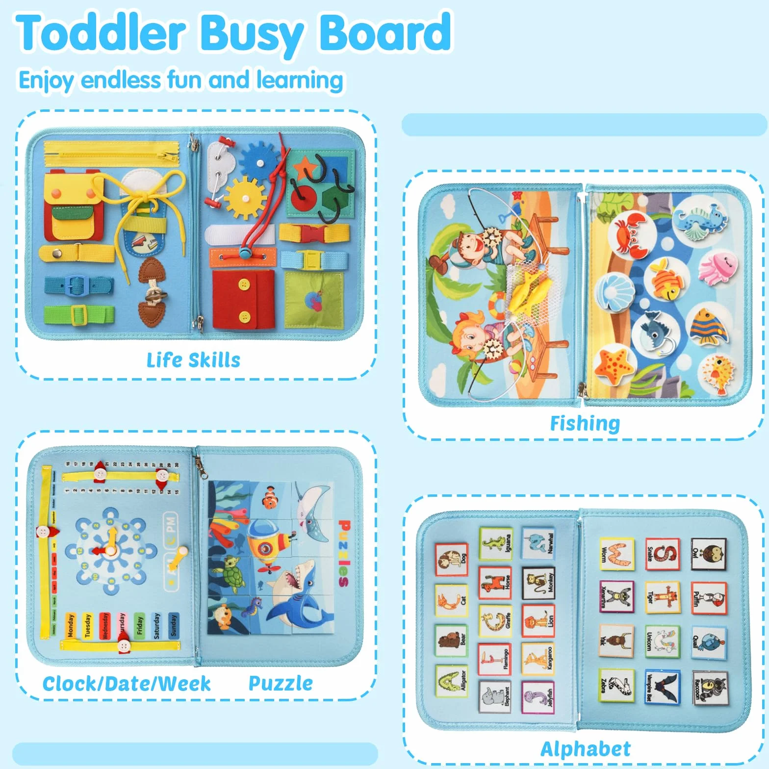 Busy Board per Bambini, Giochi Montessori 1-4 Anni, Giocattoli Educativi Sensoriali con Puzzle, Parole, Date, Orologi, Giochi di Pesca, Pulsante Sonoro, Cerniere e Fibbie