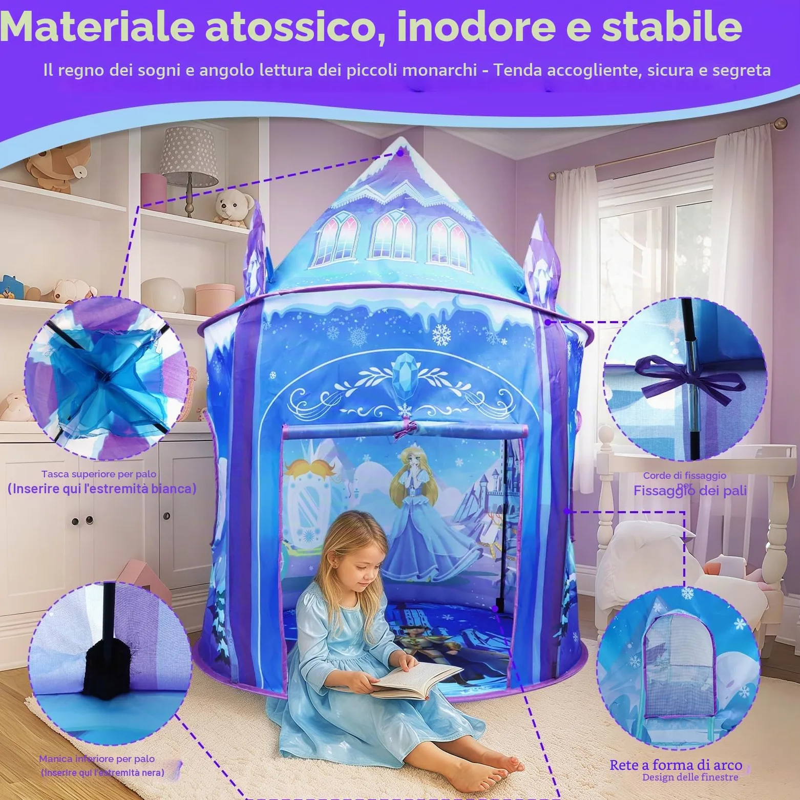 Tenda da gioco per ragazze Principessa Castello di ghiaccio Gioco di fantasia immaginativo Tenda pop-up bambini Gioco da ruolo Casa di gioca Interno Esterno Giocattolo regalo per Festa di compleanno