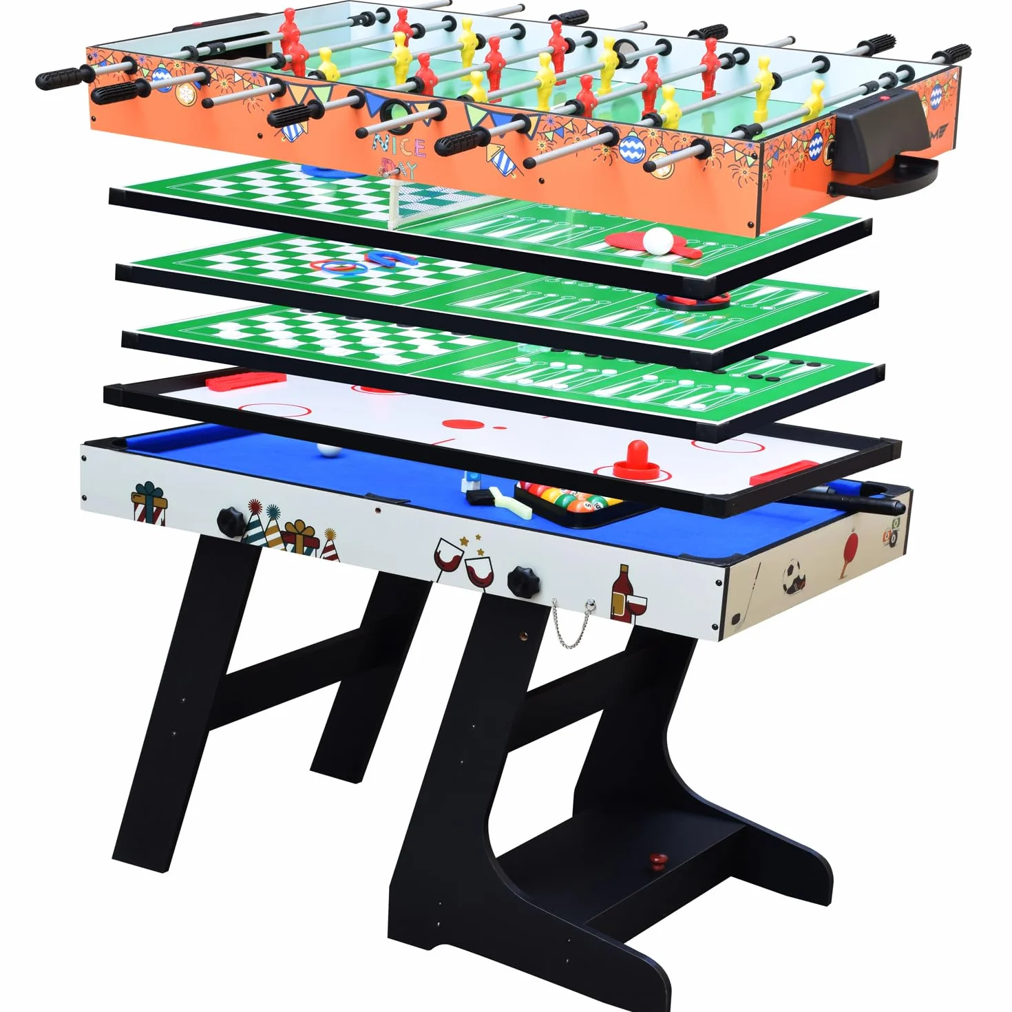 OYE 4FT 8 in 1 Gioco da tavolo pieghevole multifunzionale - Calcio balilla (calcetto)/Ping pong/Air hockey/Tavolo da biliardo, MDF