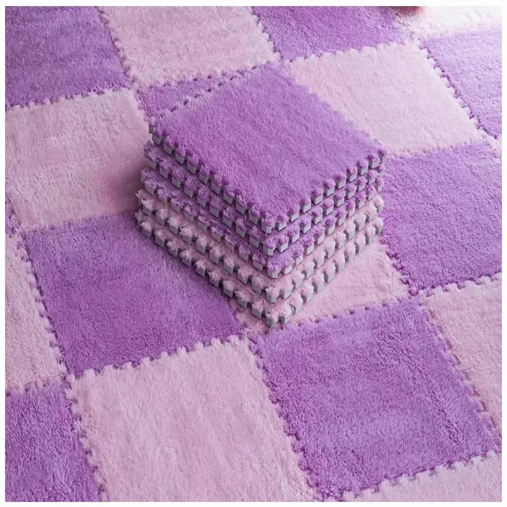 Tappetini in schiuma di peluche ispessita, ad incastro, morbido, antiscivolo, a pelo lungo, per stanza dei giochi dei bambini, tappeto puzzle con bordi (rosa e viola, 32 pezzi)