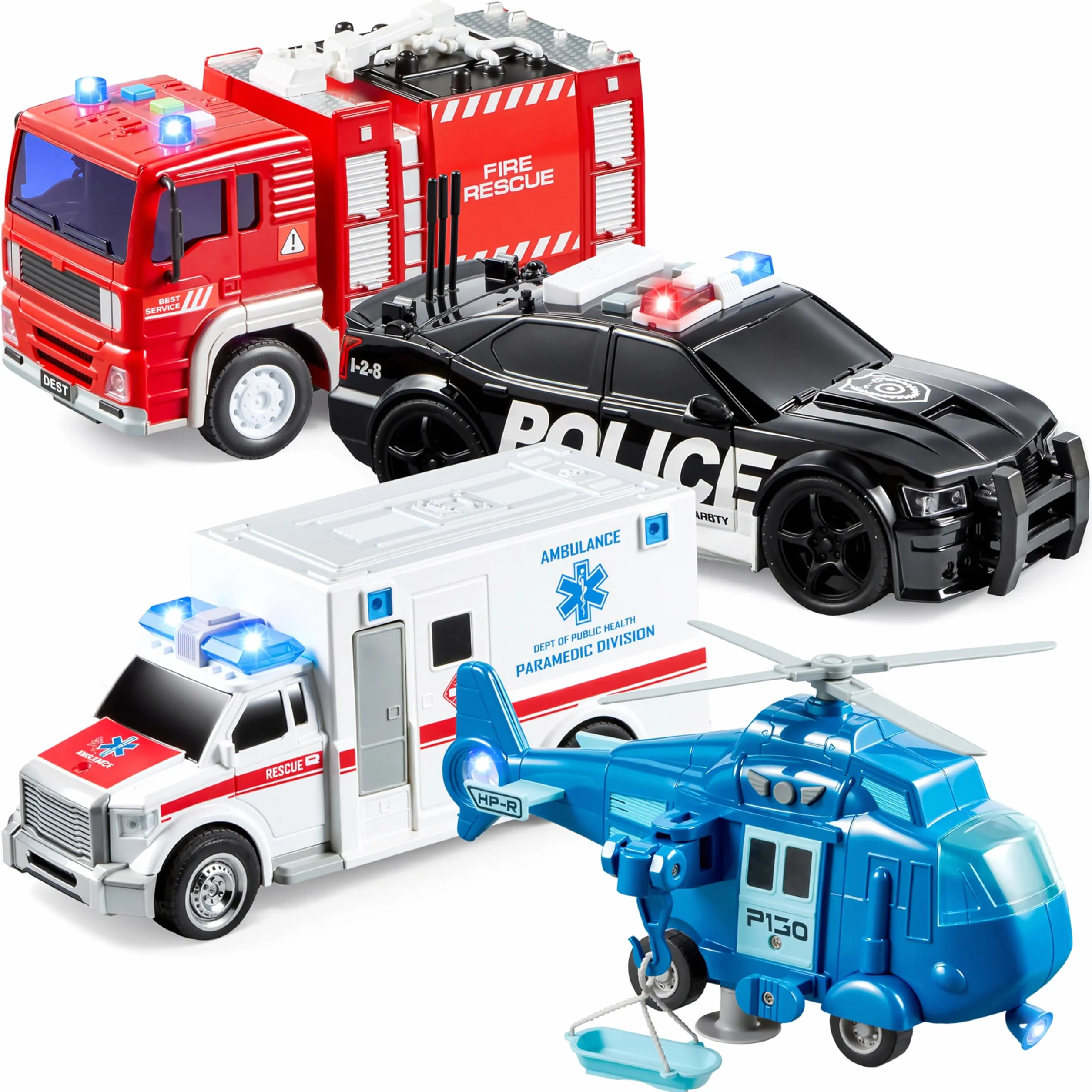 JOYIN Set di 4 set di gioco City Hero alimentati da Attrito, comprendente un camion dei pompieri, un'ambulanza, un'auto della polizia e un elicottero di soccorso