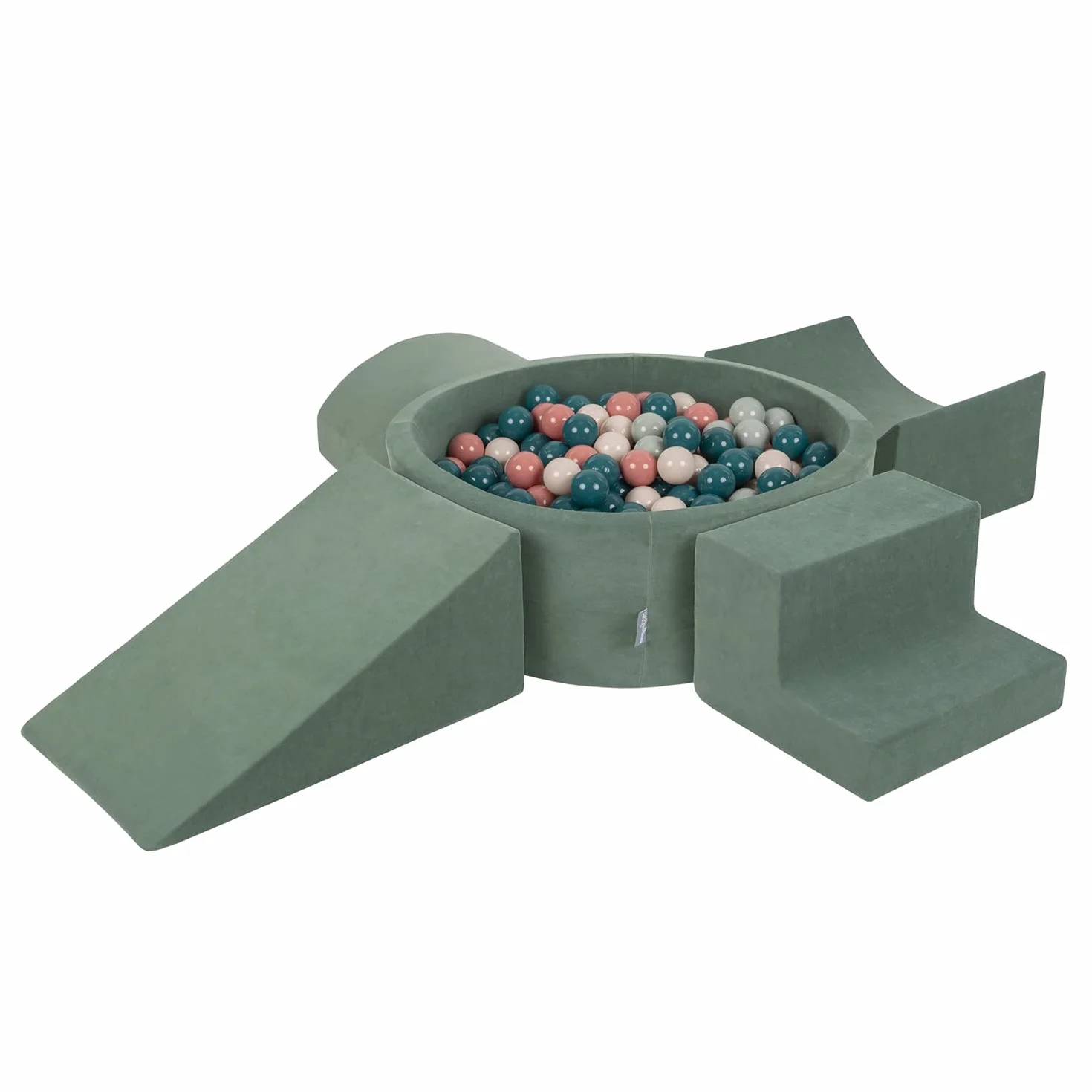 KiddyMoon Area di Gioco in Schiuma con Tondo Piscina di Palline per Bambini Piscina (300 Palline) + Version 5, Verde del Bosco: Turchese Scuro/Beige Pastello/Verde Grigio/Salmone