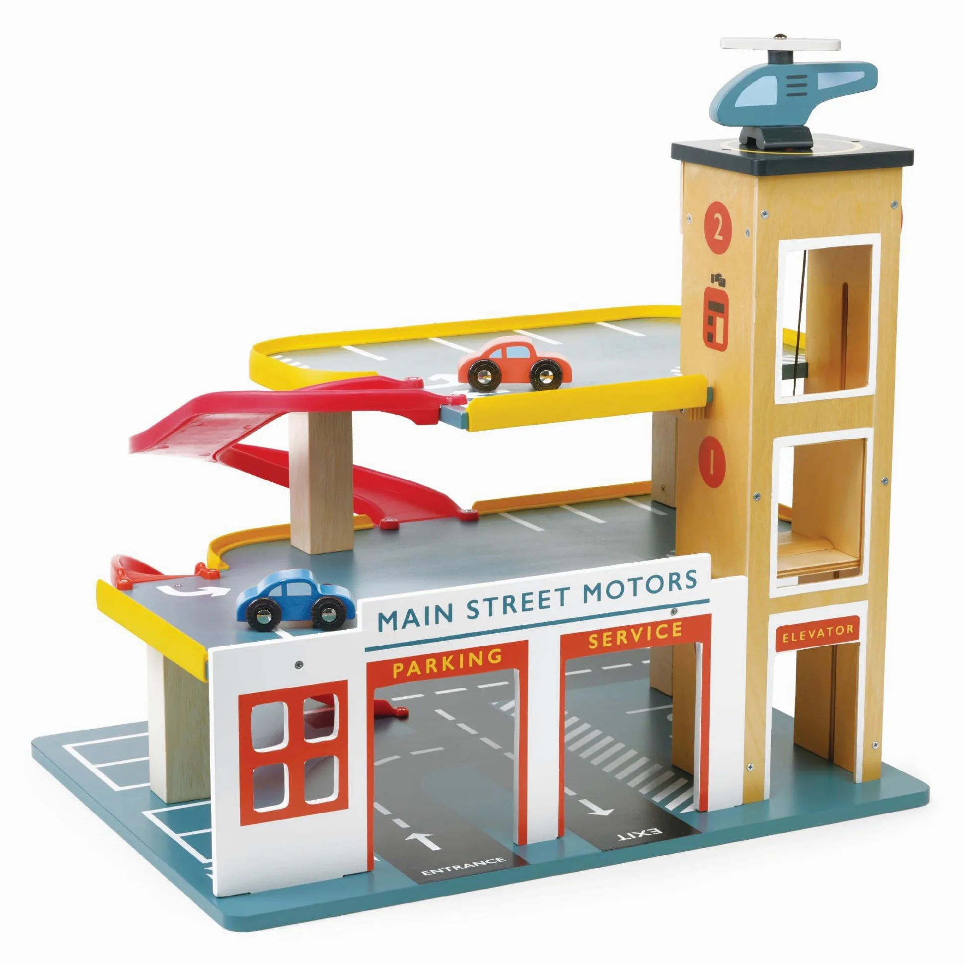 Mentari Garge multilivello con ascensore - Parcheggio in legno con 3 livelli 2 rampe fornito con 2 auto e un elicottero - Immaginazione e narrazione - Età 3+