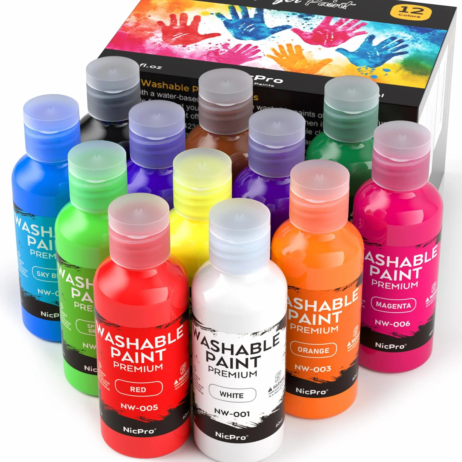 Nicpro Tempere Lavabili per Bambini 12 X 60 ml, colori a dita per bambini atossici, Pittura Per Le Dita Colori Intensi, Colori A Tempera Per Pittura per diy, Artigianato D'Arte, Halloween e Pasqua