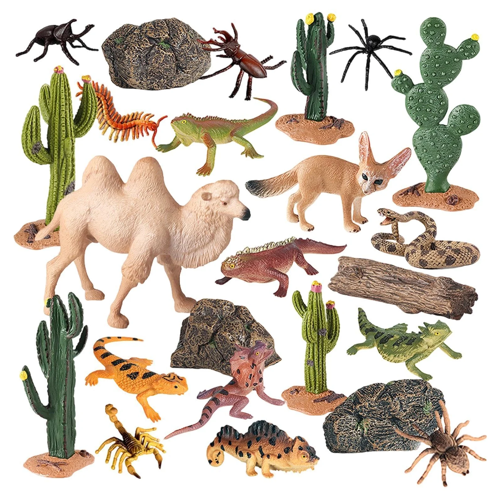 Generisch Animali del deserto, 24 pezzi, modellino di piante | Set di statuette di animali in miniatura per casa, bancone, soggiorno, giardino, tavolo da tavolo, oggetti di scena