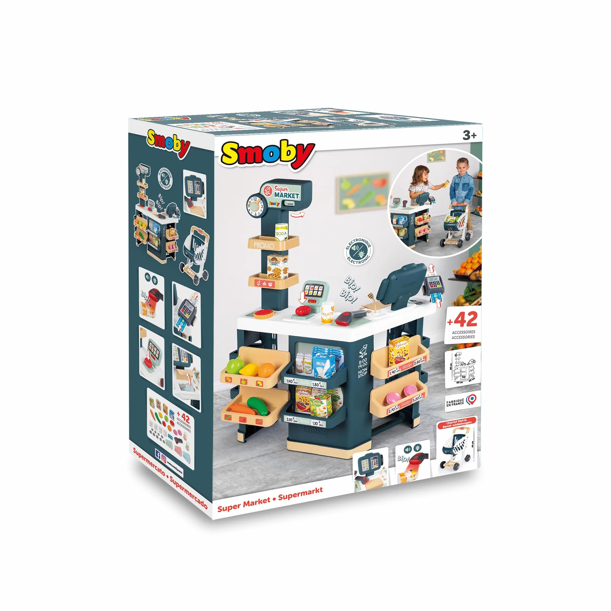 Smoby - Supermercato - Carrello della spesa per bambini - Carrello della spesa incluso - Bilancia meccanica - Funzioni elettroniche - 42 accessori - Dai 3 anni - Prodotto in Francia