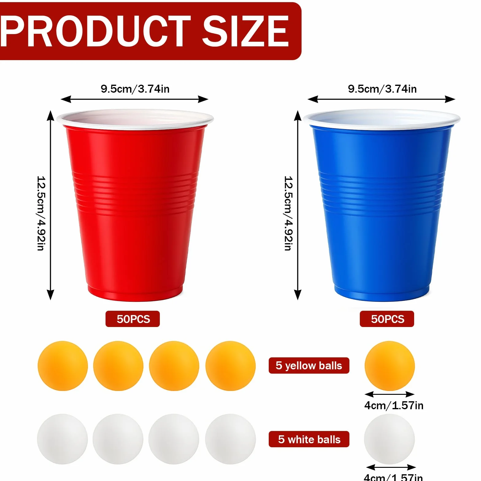 100 Pezzi Bicchiere Plastica Rossi Blu e 10 Palline Ping Pong, 500ml Bicchieri Plastica Riutilizzabili Colorati per Feste, Compleanni, Matrimoni, Campeggio
