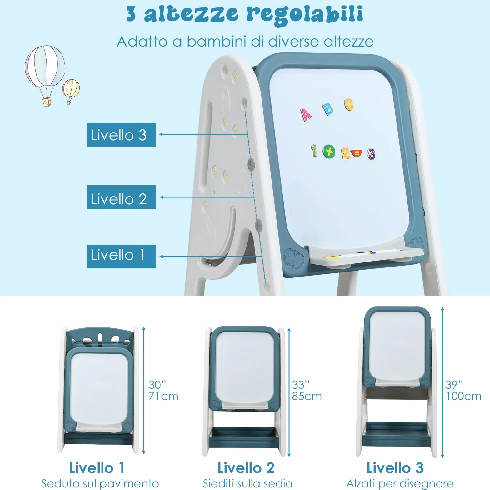 COSTWAY Lavagna Magnetica Bifacciale per Bambini, Altezza Regolabile, con Sedia e Accessori (Blu)
