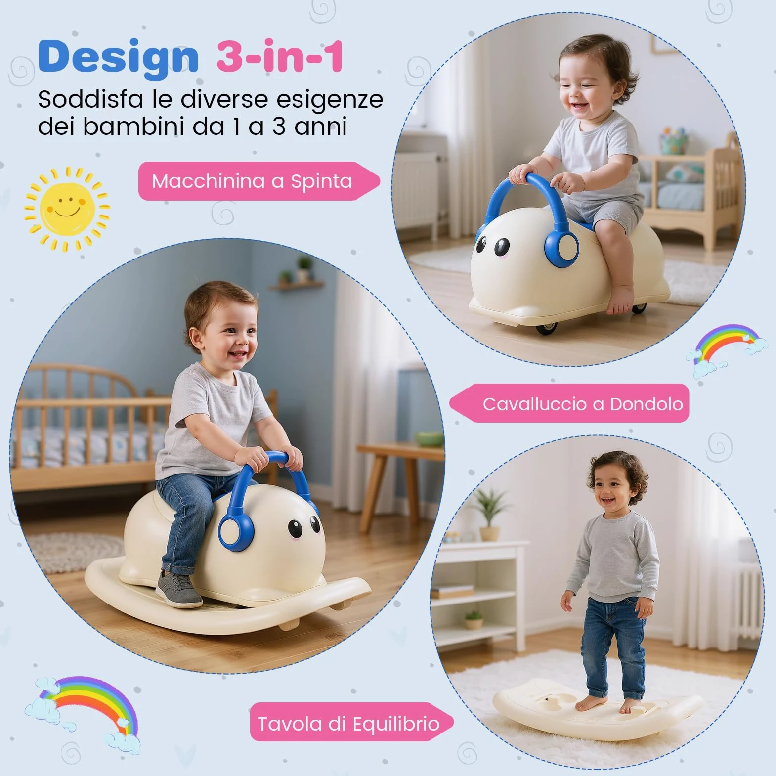 COSTWAY 3 in 1 Cavallo a Dondolo per Bambini con Spazio Nascosto | Dondolo Cavalcabile con Ruote Scorrevoli e Tavola di Equilibrio Rimovibile, Regalo per Bambini 1-3 Anni