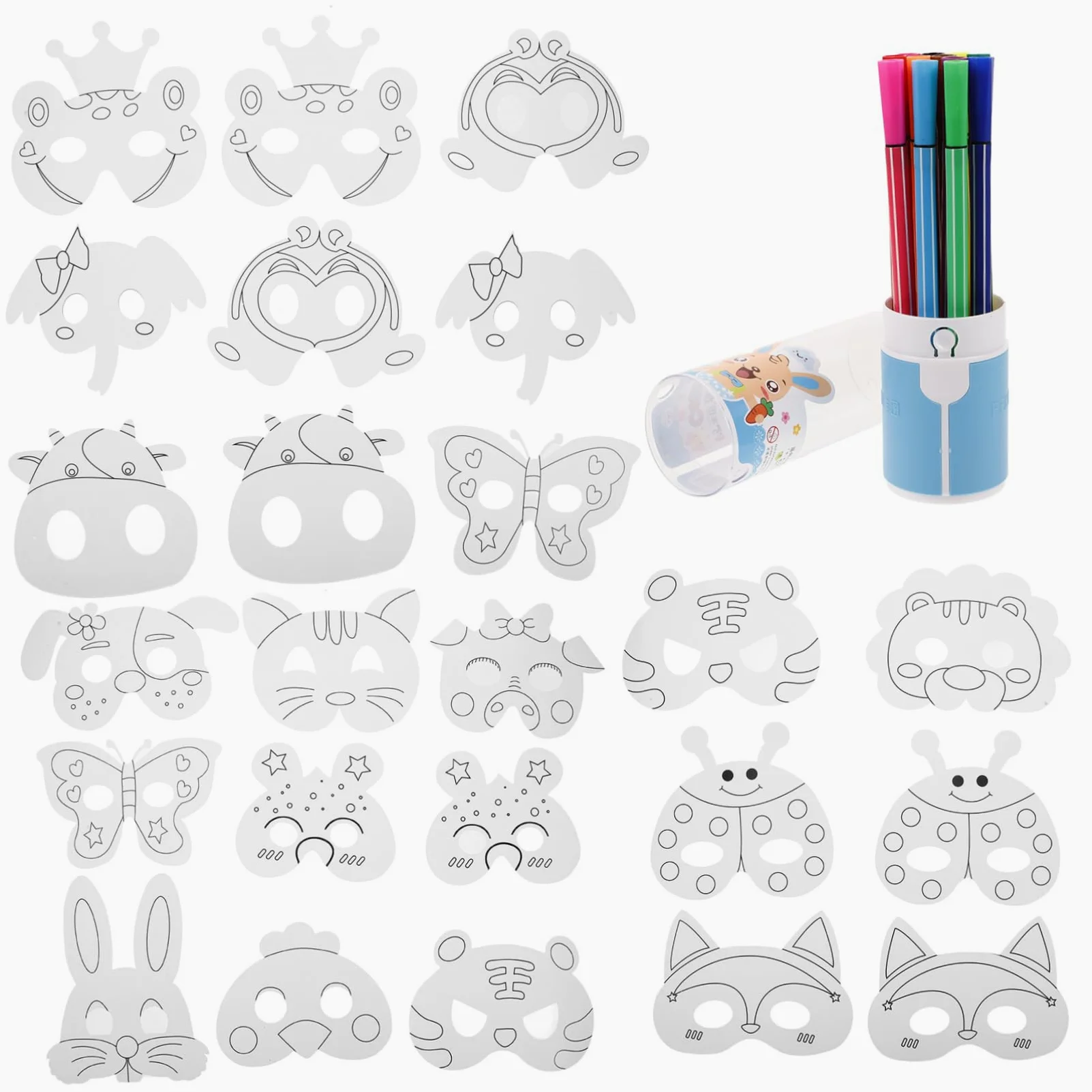 BESPORTBLE Set Maschere Bianche DIY 24 Pezzi Carta per Bambini | 12 Pennarelli ad Acquerello Inclusi, Festa Scuola Decor, Stile Animale per Pittura Creativa Stile Casuale