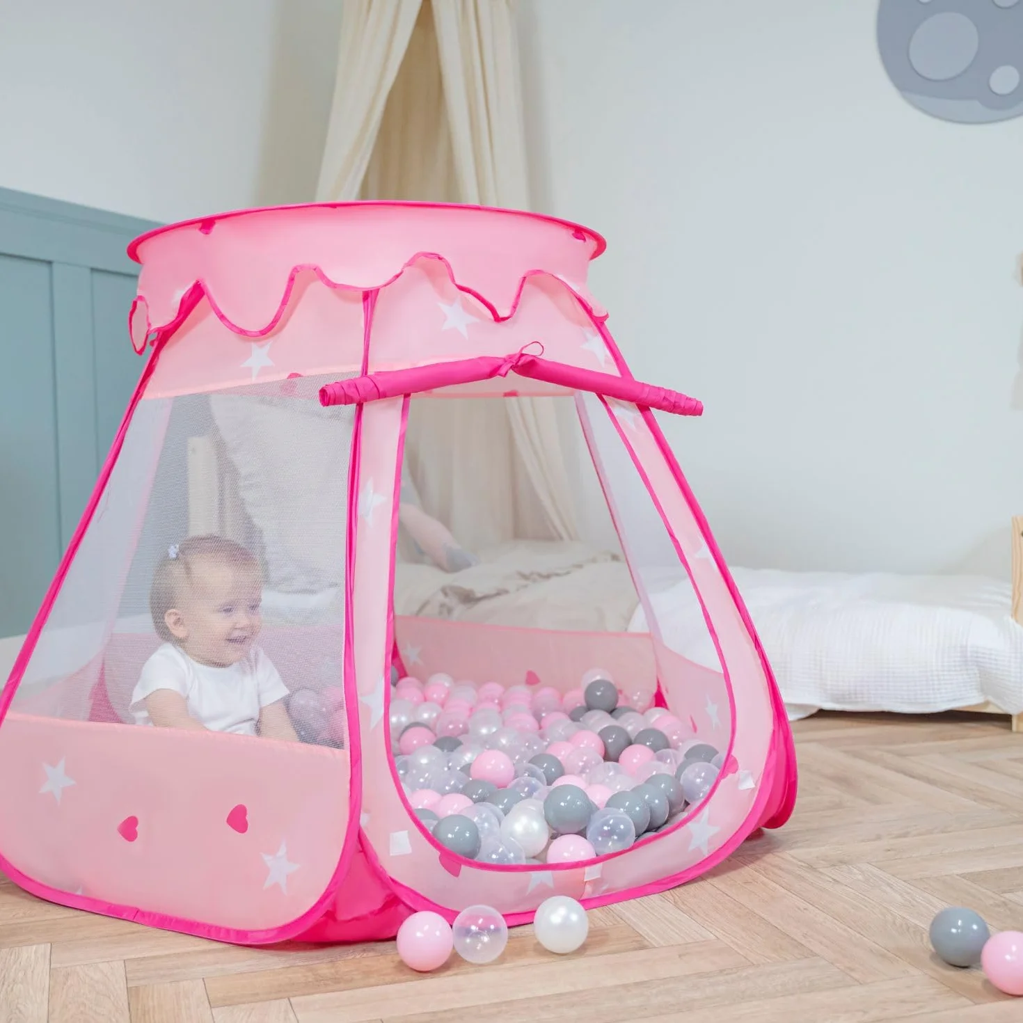 Selonis Tenda 105X90cm/100 Palline Castello Con Palline Colorate Per Bambini, Rosa:Rosa Chiaro/Perla/Trasparente