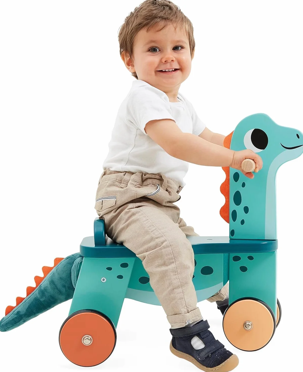 Janod Cavalcabile Dinosauro Portosauro Altezza Sedile 21 cm Coda Peluche Removibile Giocattolo Multisensoriale Legno FSC dai 12 Mesi