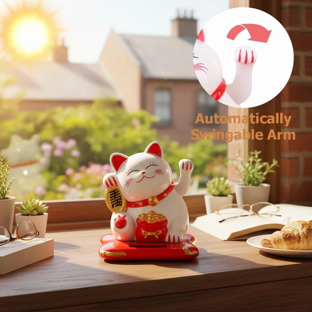 Maneki Neko Lucky Cat Gatto Cinese Portafortuna ad Energia Solare Bianco