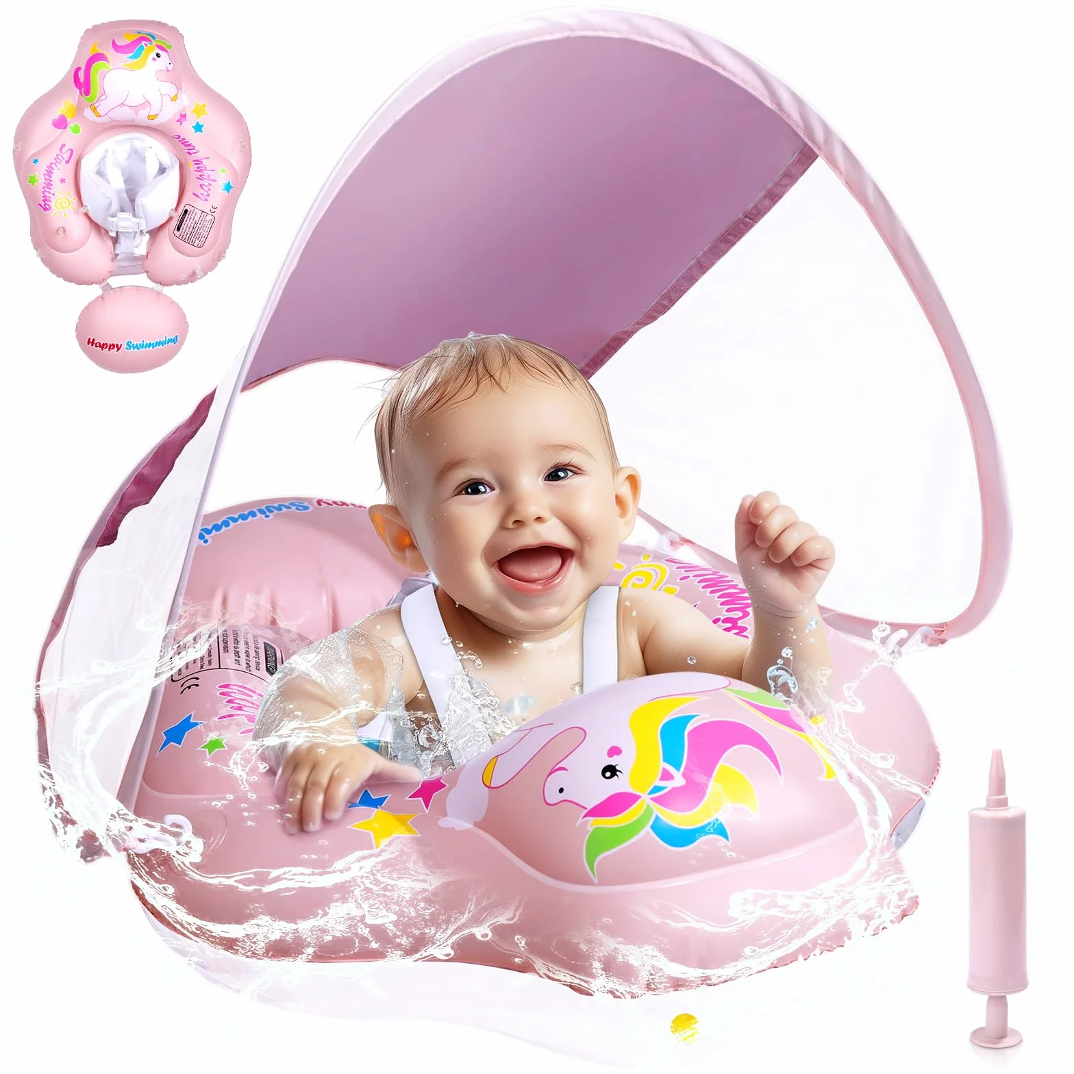 Salvagente Neonato con Parasole, Piscina Neonato 6-36 Mesi Salvagente con Mutandina Rimovibile Caratteristiche Antiribaltamento Baby Pool Float UPF50+ Protezione UV