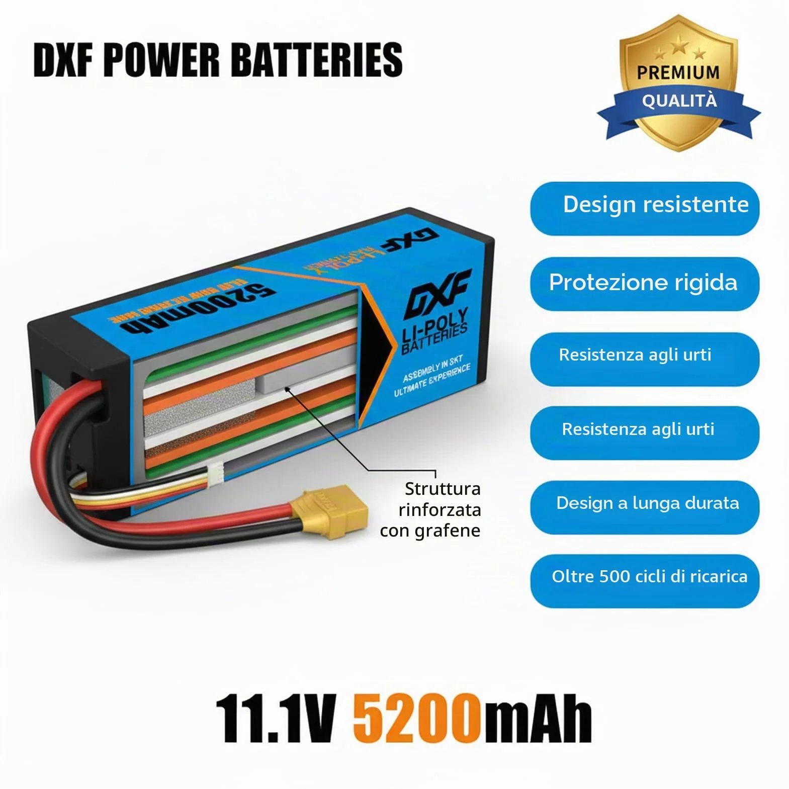 DXF Batteria LiPo 3S da 11,1 V, 5200 mAh, 80 C, confezione da 2 pezzi con connettore XT90, batteria rigida per RC auto, camion, barca, elicottero, aereo, quadricottero, modellismo, scarica ad alte