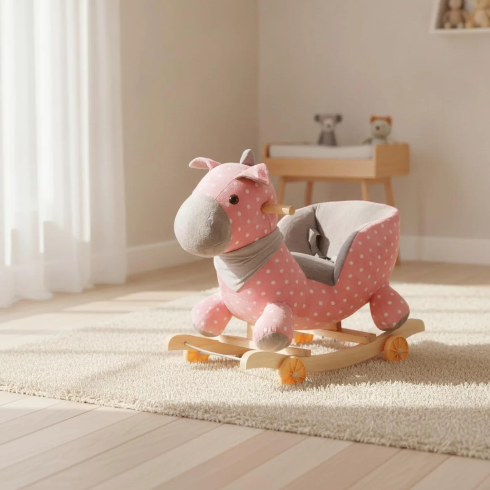 Cavallo a Dondolo per Bambini Gioco a Dondolo con Ruote Cavallo con Seduta Imbottita Schienale Protettivo Base in Legno Manico Laterale Rivestimento, color to 2, 60 28 50CM