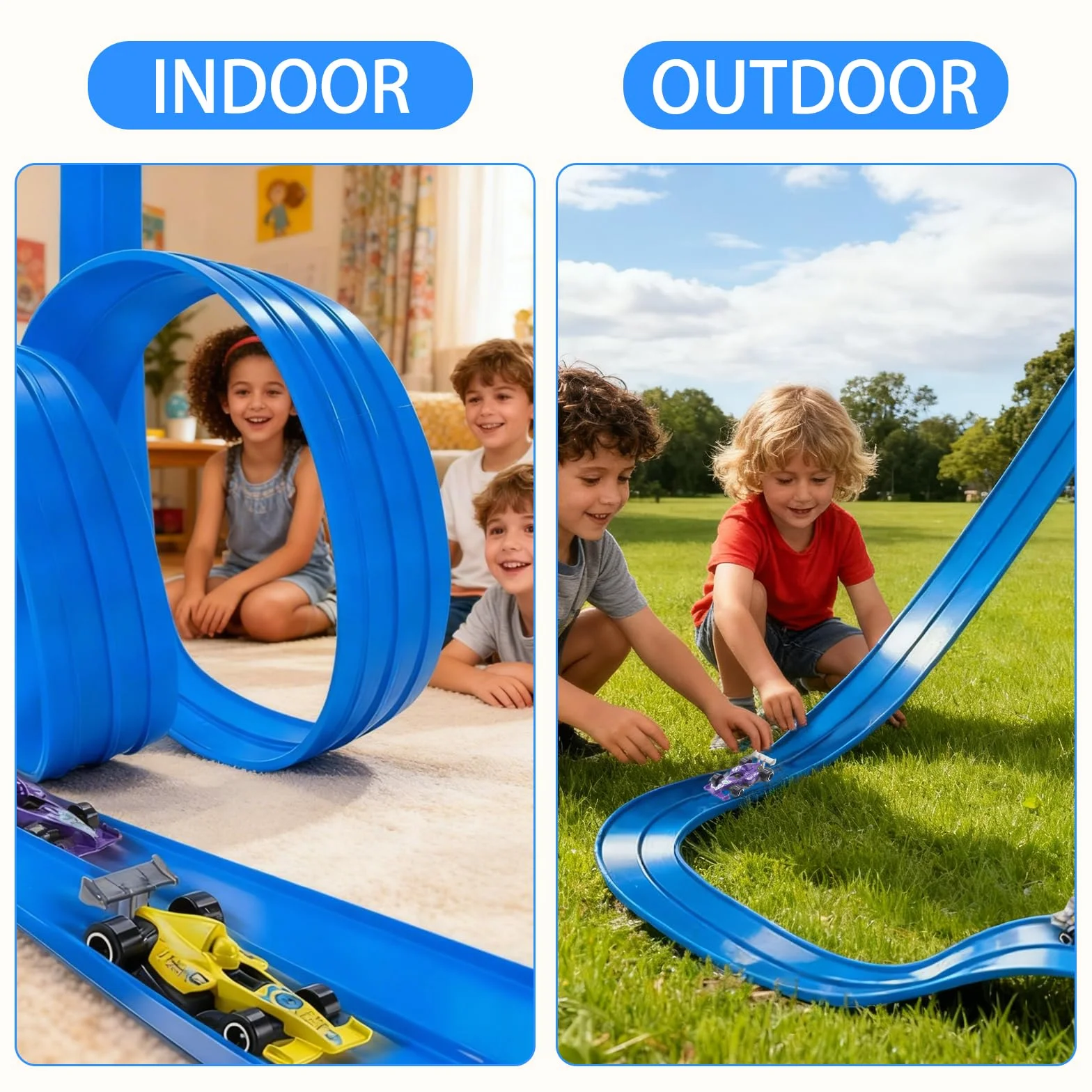 Piste Macchinine per Bambini 5M, Giocattolo Piste da Corsa con 4 Auto, Portatile per Salti Loops Circuito di Corse per Bambini con Rampa, Portatile Pista per 3+ Anni
