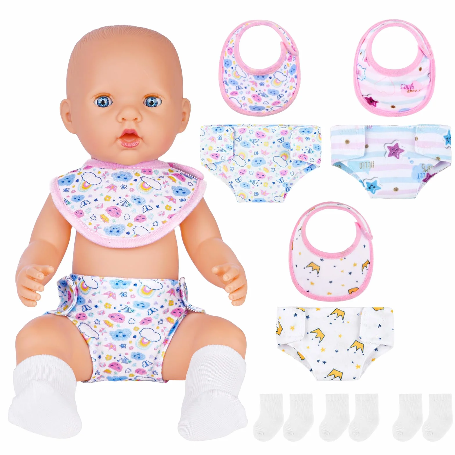 Aolso Bavaglini e Pannolini per Bambole, Set di 9 Accessori per Bambole Bavaglini e Pannolini in Tessuto per Bambole, Calzini per Bambole, Lavabile, Riutilizzabile, Idee Regalo per Bambini