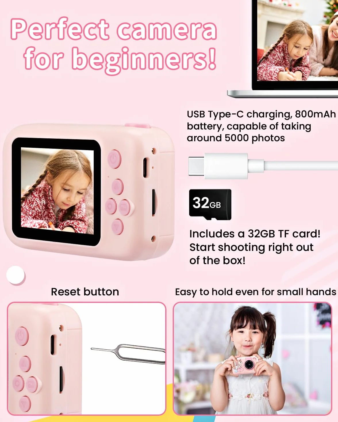 Fotocamera Bambini 1080P Digitale Unicorno Treppiede Display IPS 2.4" Obiettivo Rotante 180° 32GB Regalo Natale Compleanno