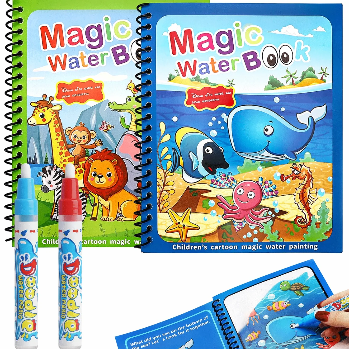2 libri da colorare ad acqua con 2 penne ad acqua per bambini, riutilizzabili, Aqua Doodle Baby libro da colorare Water Wwow, libro da colorare ad acqua a partire dai 2 anni, Magic Water Book