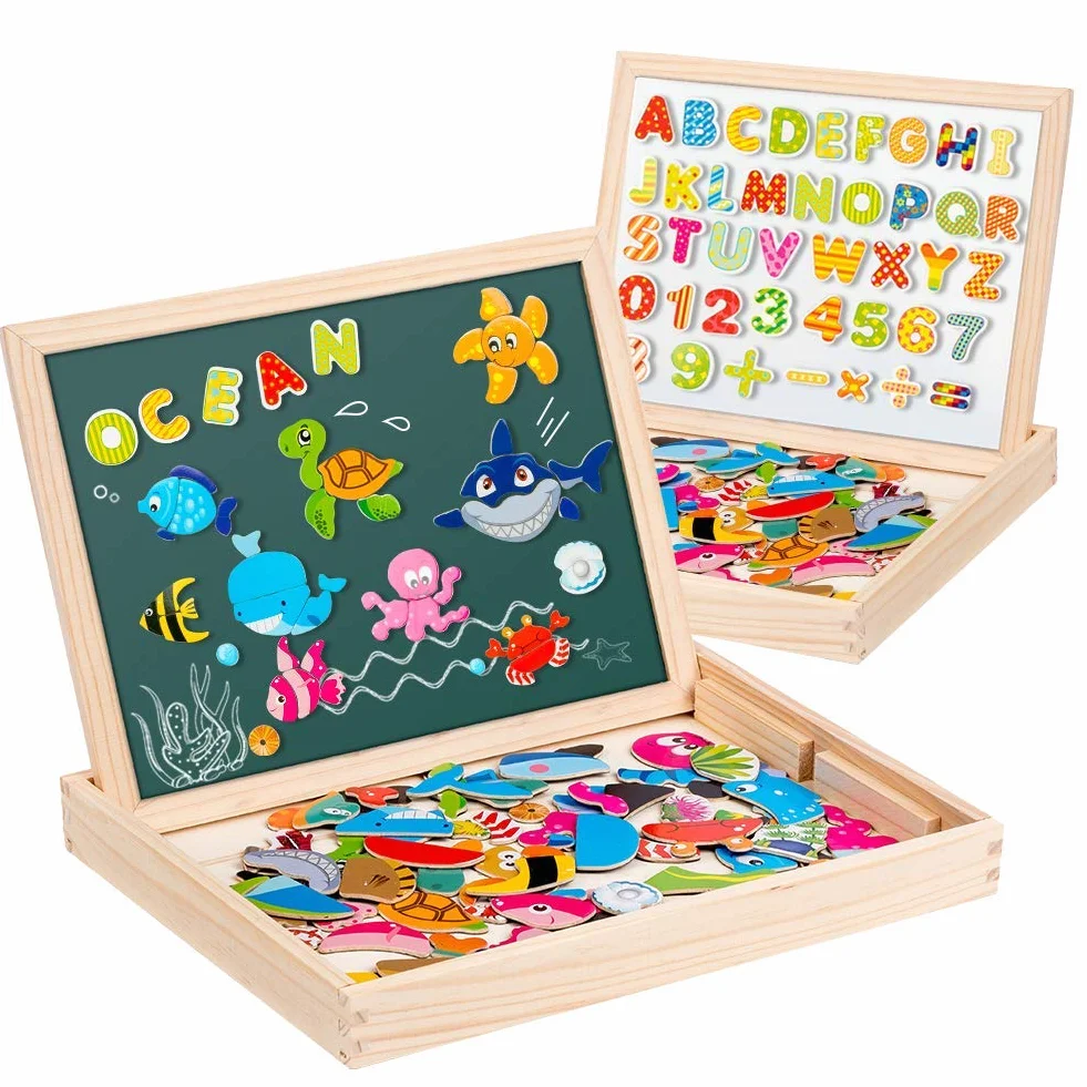 Uping Puzzle Magnetico Legno 130 Pezzi con Lavagna a Double Face per Bambini 3 Anni+