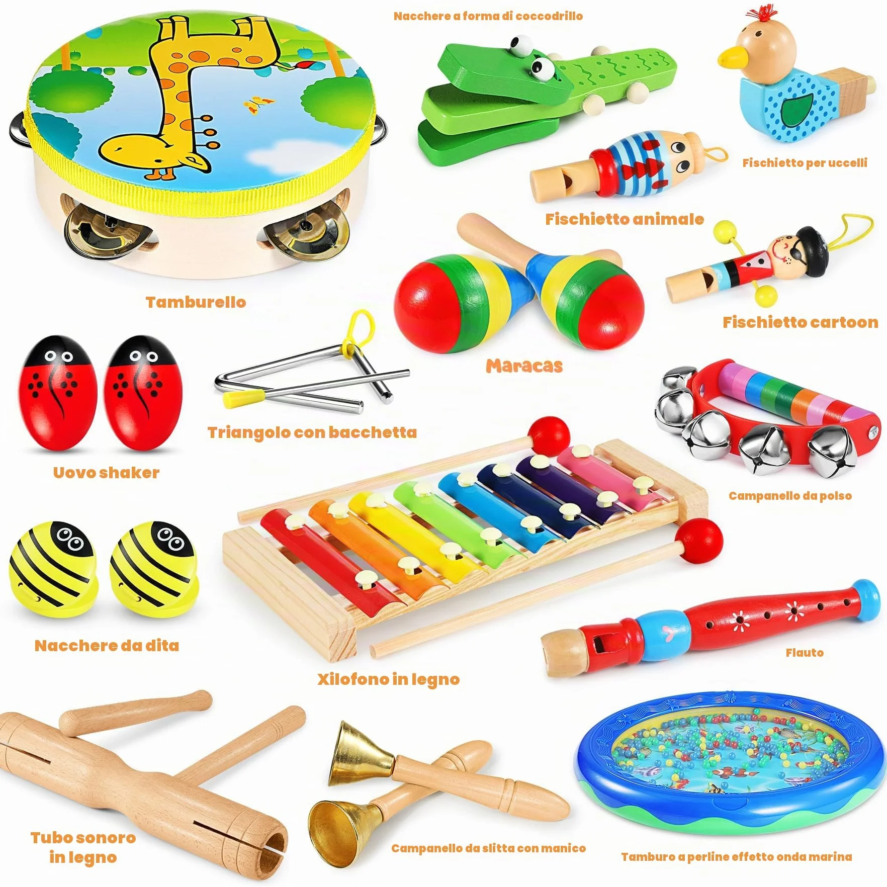 Strumenti Musicali, 24 Pezzi Percussioni con Borsa, Tamburo Perline Oceaniche, Compleanni Musicali, Creativi ed Educativi e Regali di Natale per Bambini 3+