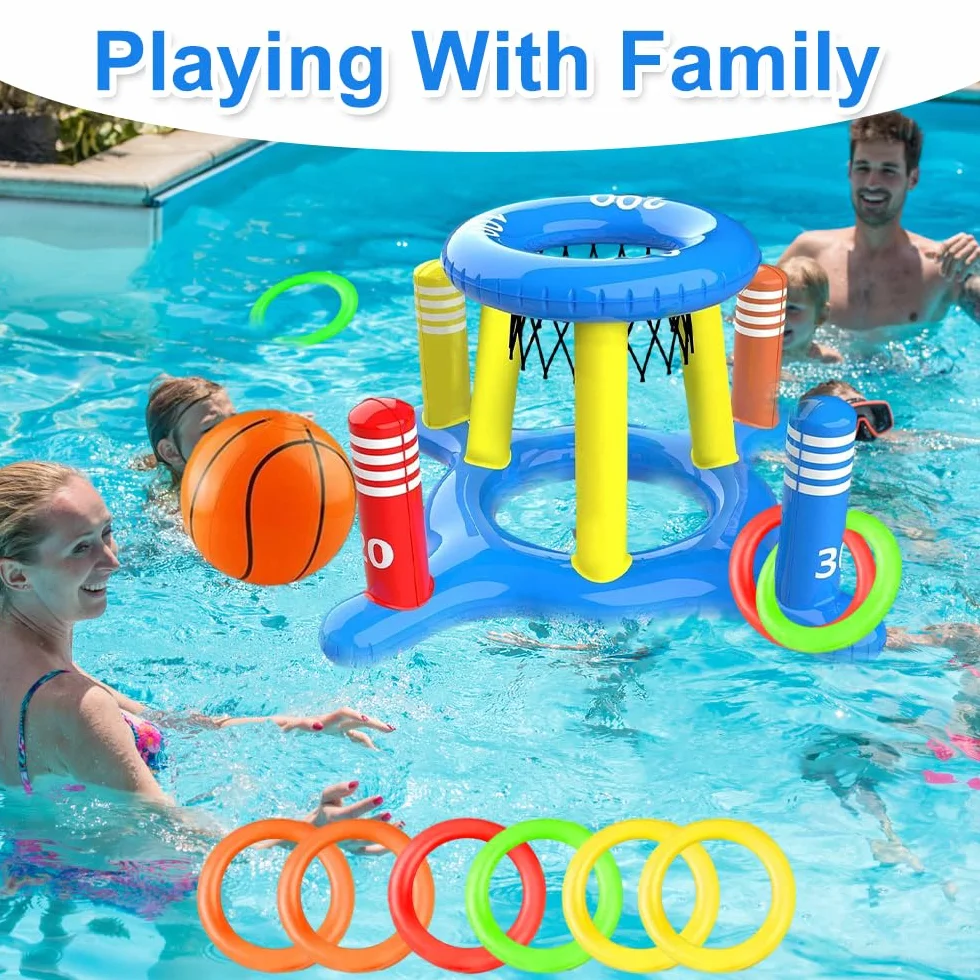 Canestro gonfiabile per piscina con gioco di lancio ad anelli, set galleggiante gonfiabile, giocattolo acquatico, cestino da basket galleggiante con 2 palline e 8 anelli di lancio, gioco in