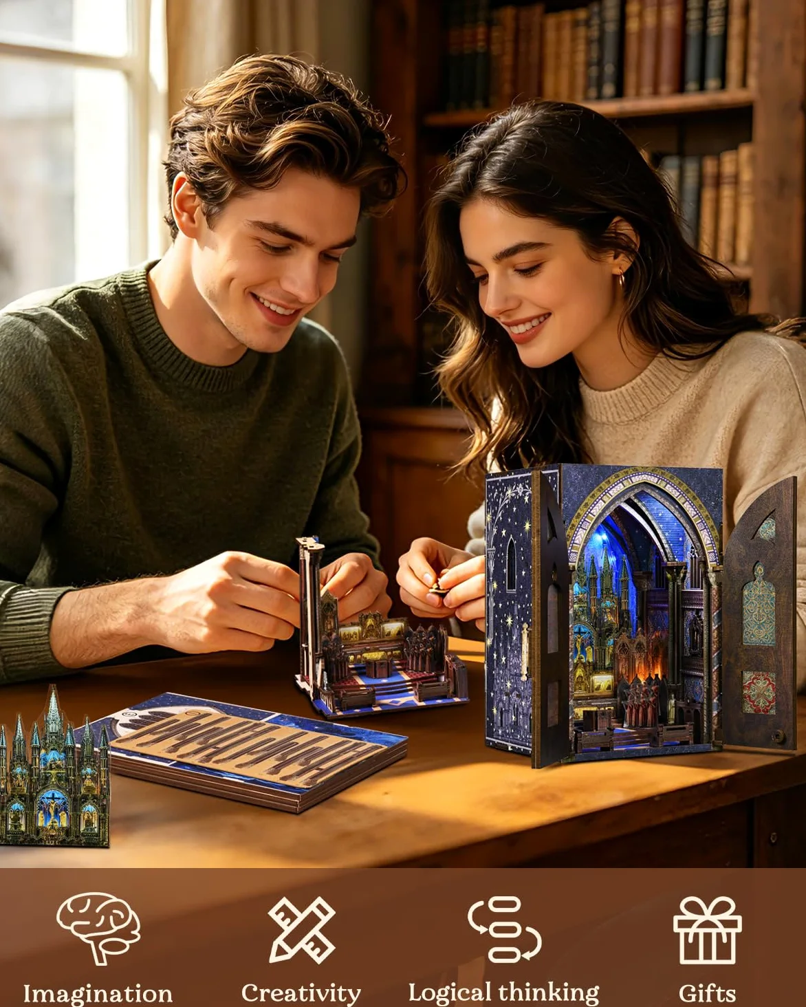 MiniCity Book Nook Kit fai da te, casa delle bambole, casa delle bambole, casa in miniatura, kit da costruire per adulti, puzzle in legno 3D, fermalibri, set creativo per libreria, idea regalo