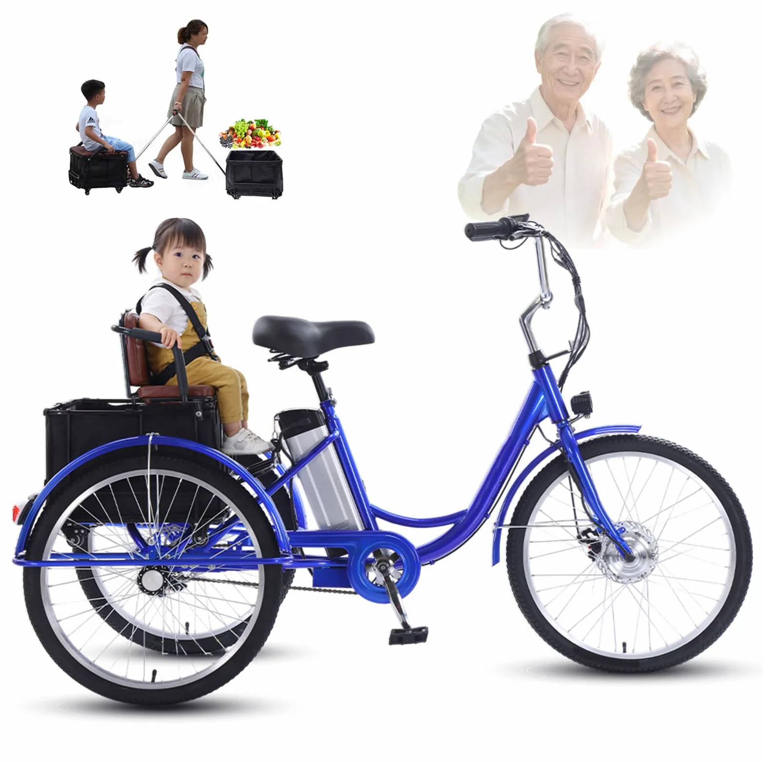 Triciclo elettrico per adulti da 24", triciclo tandem con seggiolino per bambini e cestino portaoggetti, freno sensibile, facile da affrontare in salita, portata massima 136 kg (300 libbre)
