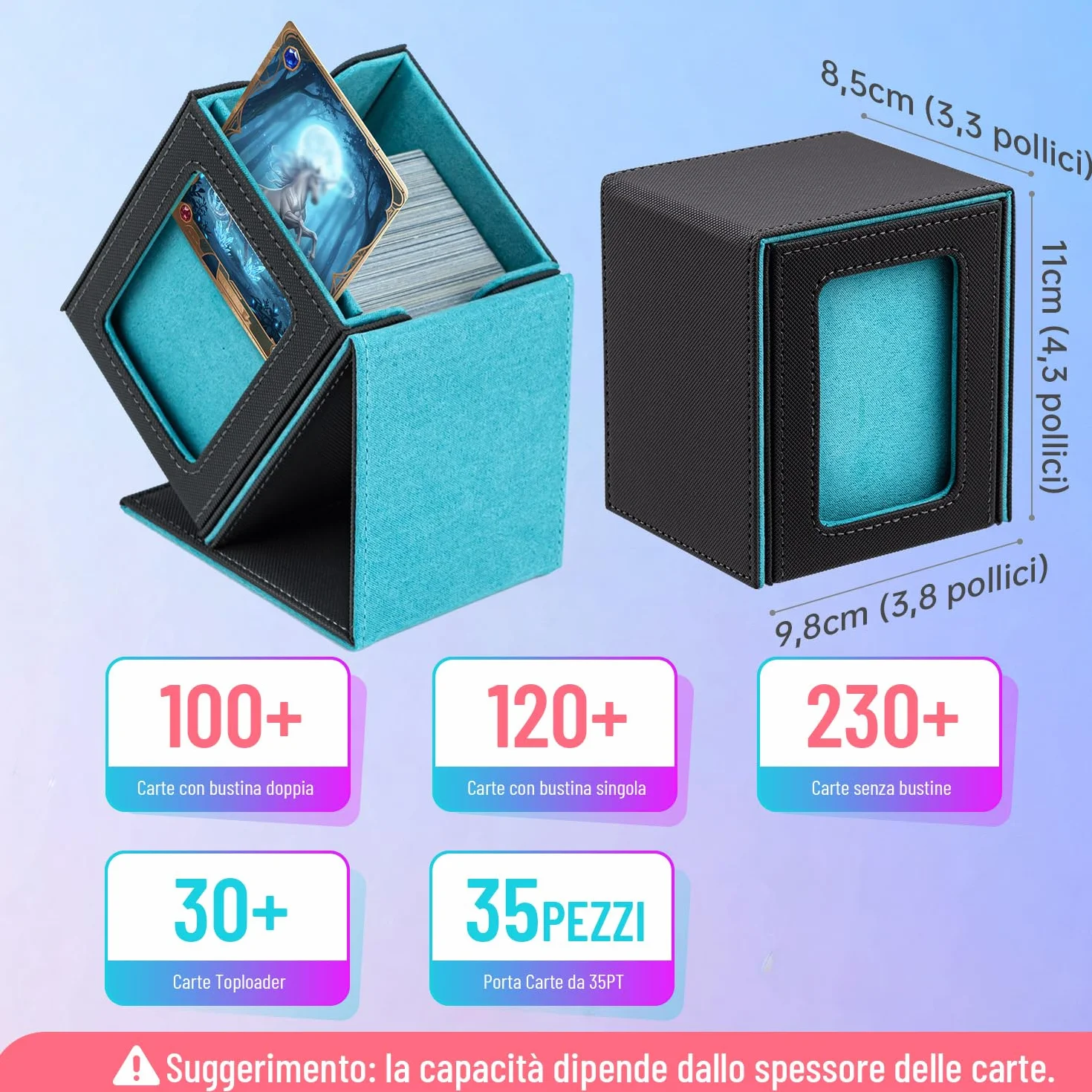 Box Porta Mazzo mit Display per Carte MTG Capacità di 100+ Carte/30+ Carta Toploader,Magnetic Flip Deck Box per le Carte di Magic Commander TCG (Verticale-Blu Chiaro)