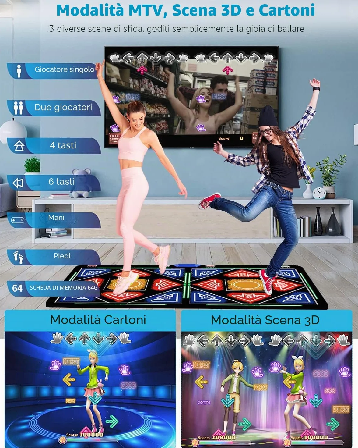 Tappetino da ballo elettronico con fotocamera, 64 GB, 1030 giochi, 650 canzoni, compatibile TV