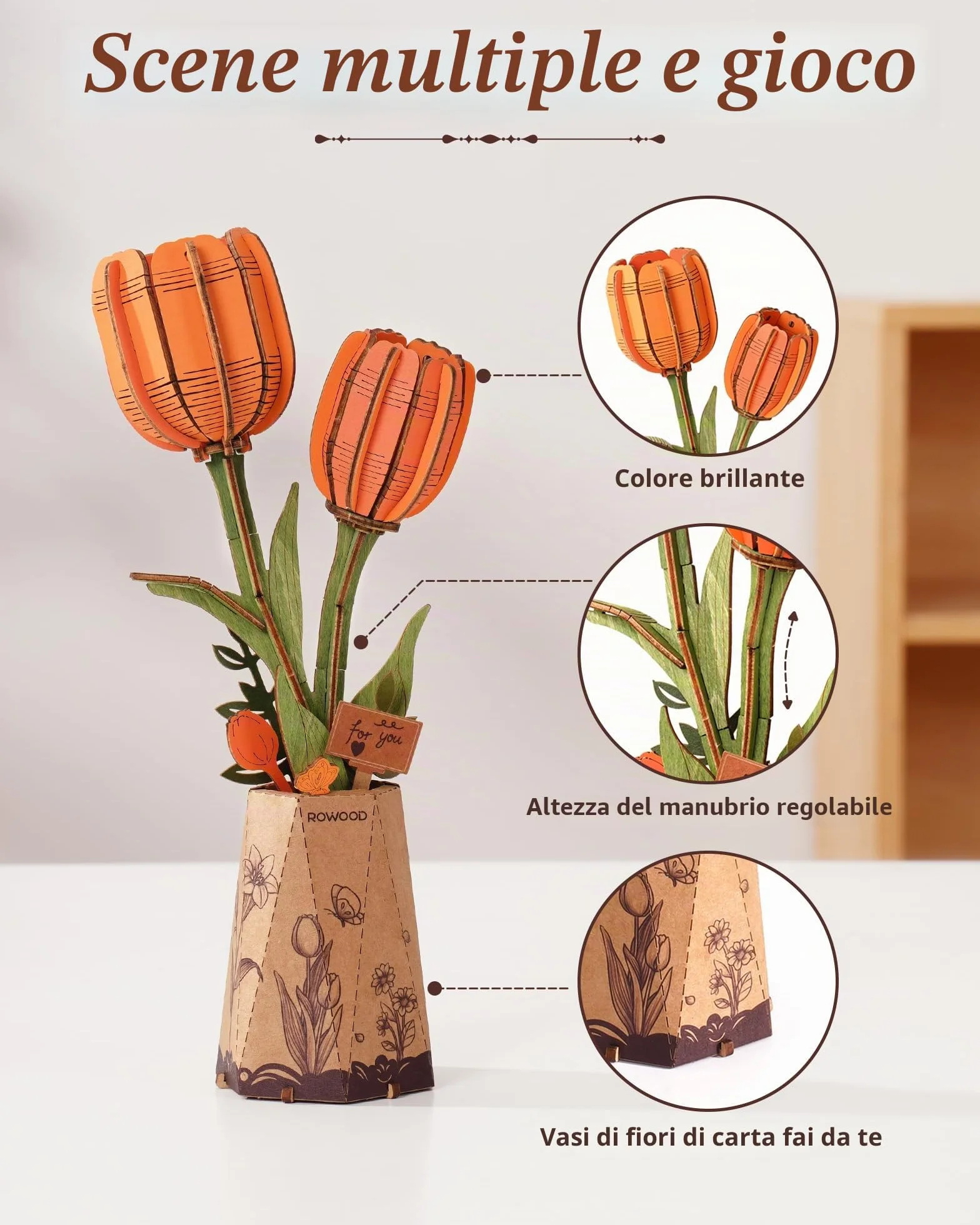 ROWOOD Puzzle in 3D con motivo tulipano, fiore fai da te in legno, kit di modellismo per fiori artificiali, da assemblare, per adulti, splendida decorazione per la casa e regalo per San Valentino