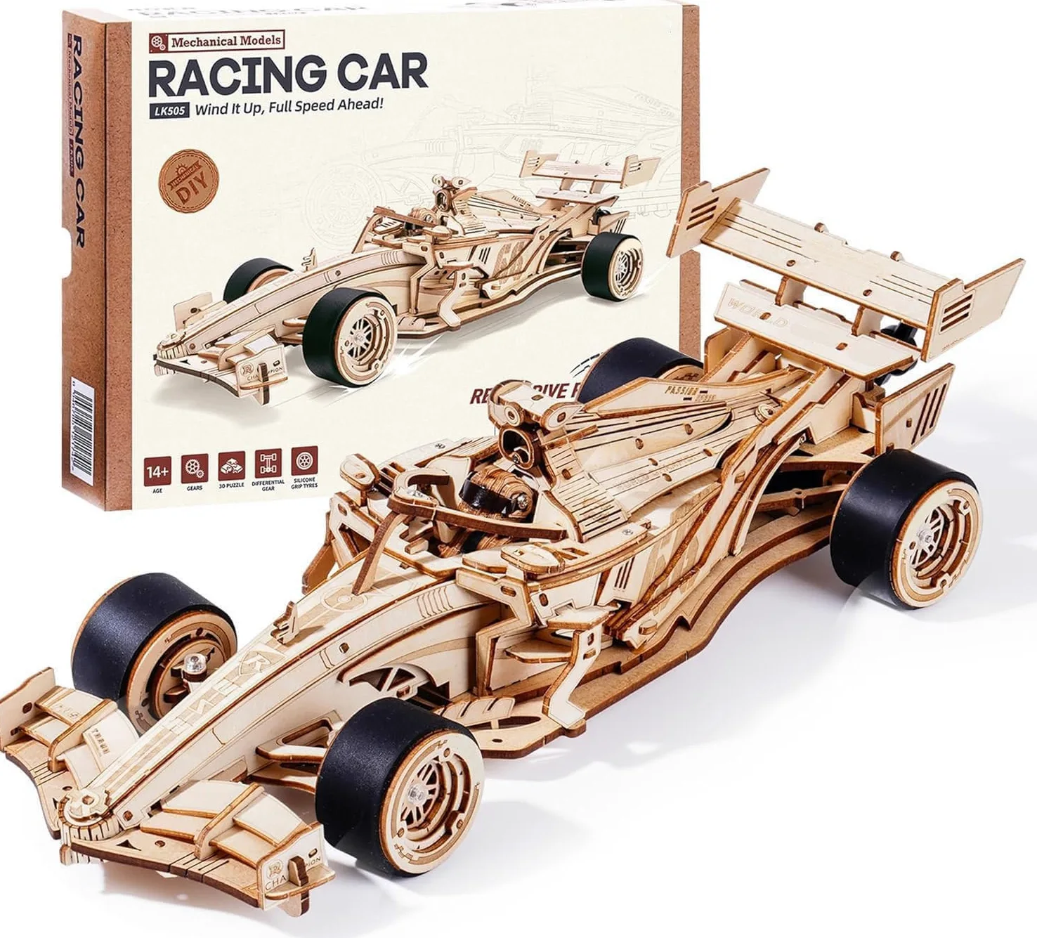 ROBOTIME Auto da Corsa Modello 3D in Legno a Carica, LK505 | 247 pezzi, Differenziale planetario, Sterzo regolabile a 45°, Scatola sonora meccanica