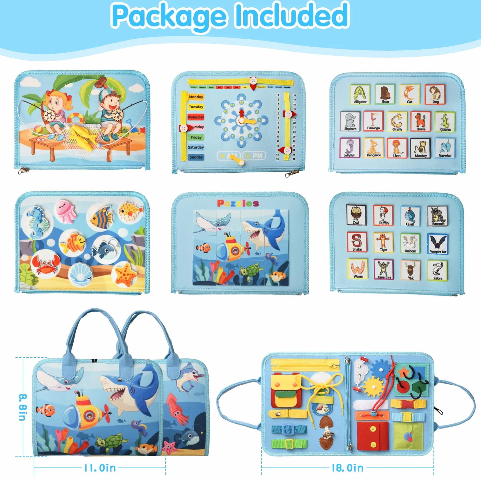 Busy Board per Bambini, Giochi Montessori 1-4 Anni, Giocattoli Educativi Sensoriali con Puzzle, Parole, Date, Orologi, Giochi di Pesca, Pulsante Sonoro, Cerniere e Fibbie