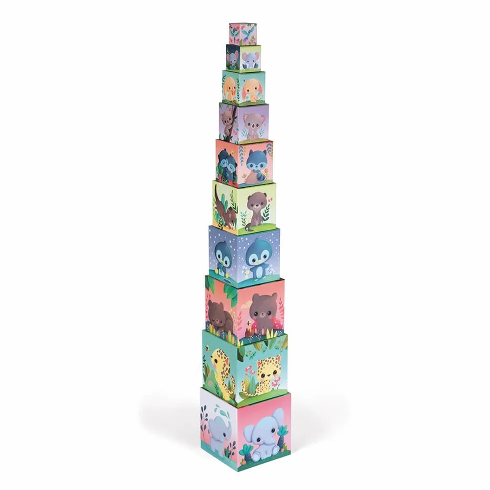Janod - Animali Quadrati Piramidali - Gioco per L’Apprendimento e Prima Infanzia - Giocattolo di Impilamento e Incastro - Apprendimento di Numeri e Dimensioni - A Partire da 1 Anno, J02652