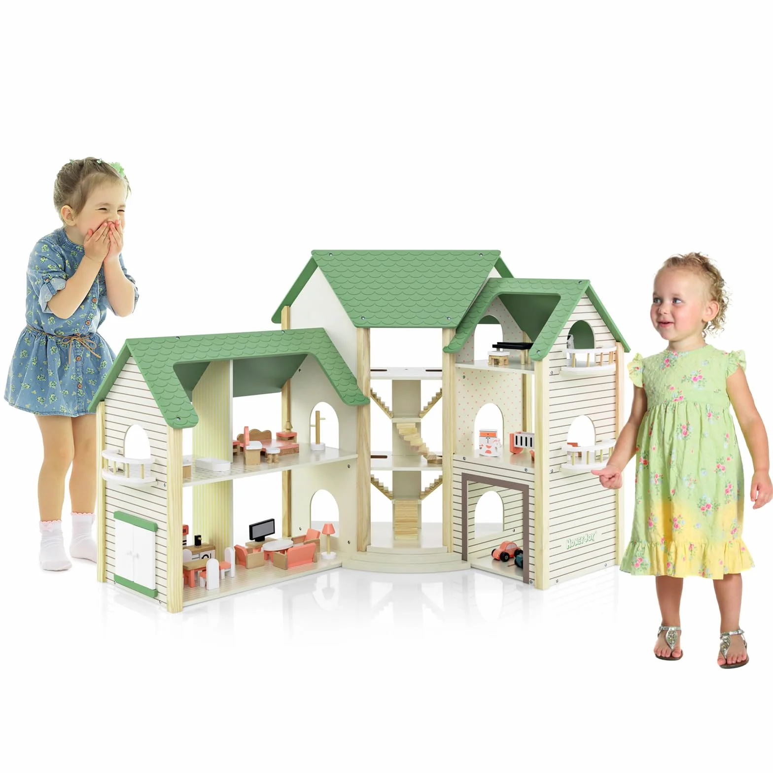 HOMASIS Casa delle Bambole in Legno per Bambini con Scale e Balconi Integrati, Casa delle Bambole d'Angolo con Tetto Verde 36 Mobili e Accessori, Casa da Gioco per Bambini 3+ Anni
