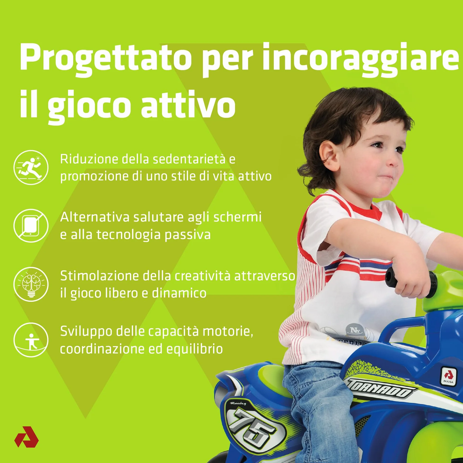 INJUSA Moto Cancelli Tundra Tornado Blu Verde Ruote larghe Plastica Maniglia Trasporto Bambini +18 Mesi