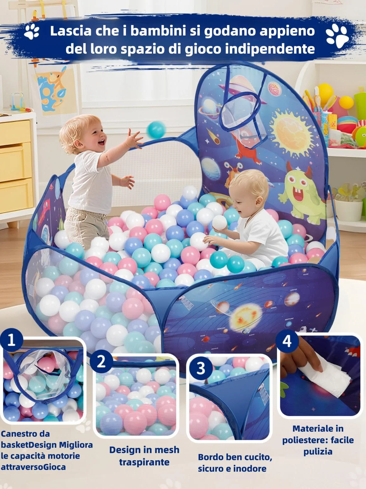 ZimiTeda Vasca Palline per Bambini con Gattini e Cagnolini - con Canestro da Basket, Pieghevole, per Interni/Esterni - 120 cm (Palline Non Incluse) (Space Rocket)