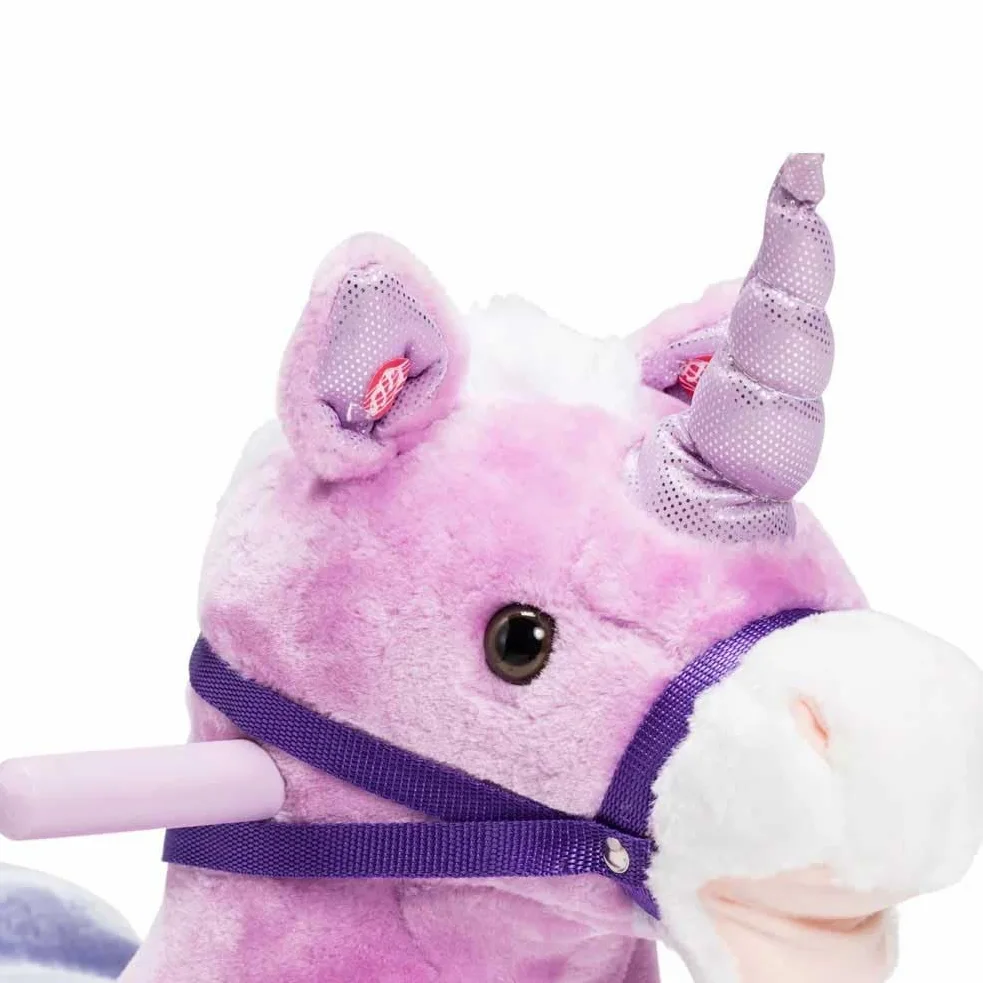BAKAJI Cavallo a Dondolo per Bambini con Suoni Realistici, Animale che Nitrisce e Muove la bocca Struttura in Legno e Tessuto, Unicorno Peluche Rosa, Giochi Infanzia
