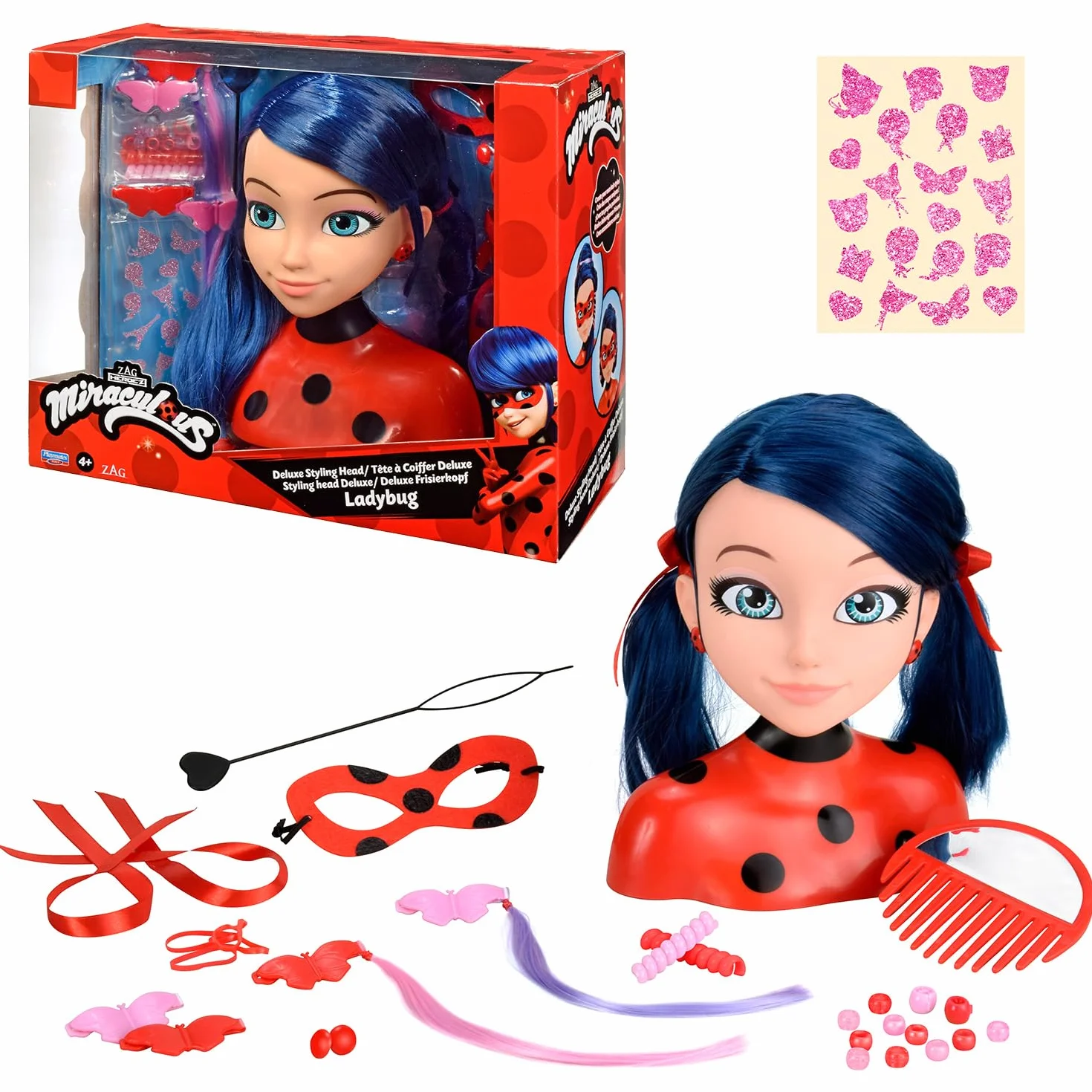 BANDAI - Miraculous Ladybug - Testa da Pettinare Miraculous Deluxe da 21 cm - Testa bambola da truccare e pettinare Marinette + 30 accessori, gioielli - Giocattolo per bambini 4 anni e + - P50247