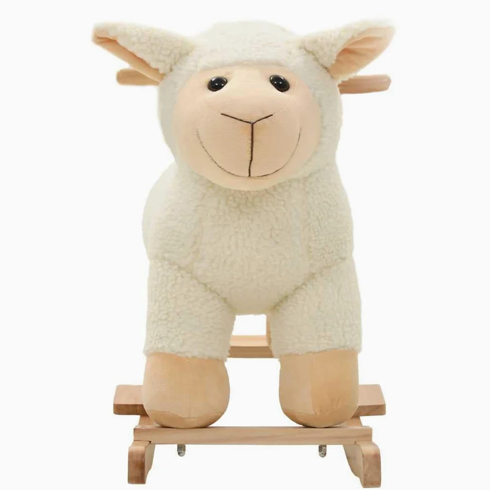 Pecora a dondolo con base in legno e morbido rivestimento in peluche, cavallo a dondolo per bambini da 12 a 36 mesi, 78 x 34 x 58 cm
