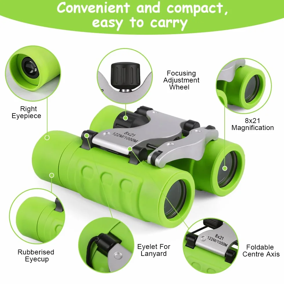 OSDUE Binocolo per Bambini, 8x21 Ingrandimento Binocolo,Portatile Bambini Binocolos, Kit Esploratore Cannocchiale per 3-6 Bambino Bambina con Bussola e Lente D'Ingrandimento, per Bird Watching (Verde)