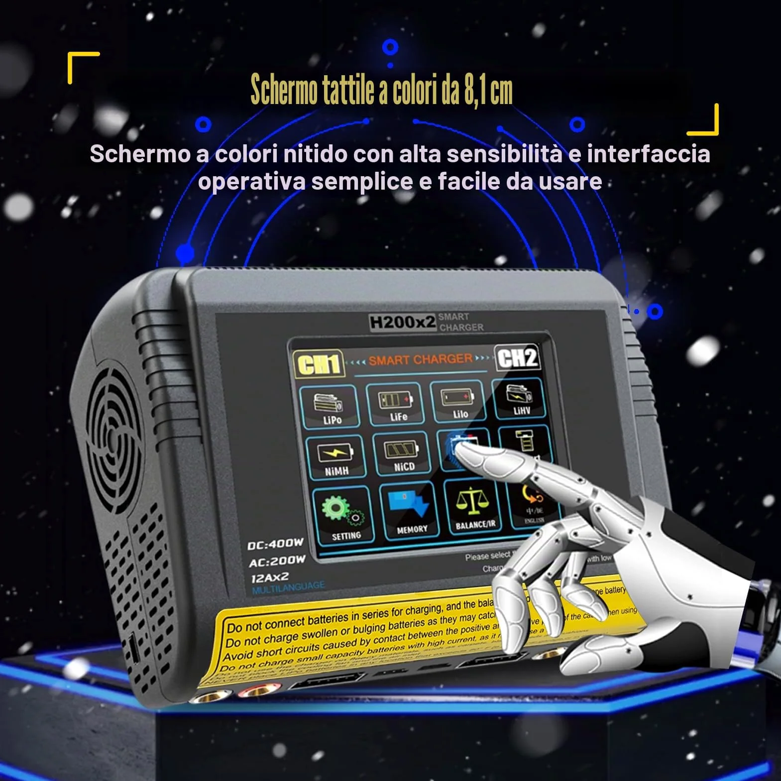 Caricabatterie lipo T400 AC200W/DC400W 12A,lipo caricatore bilanciato doppio scarico 3,2 pollici a colori touch screen scaricatore per LiPo/Lilon/LiFe/NiMH/NiCd/PB/NiMH