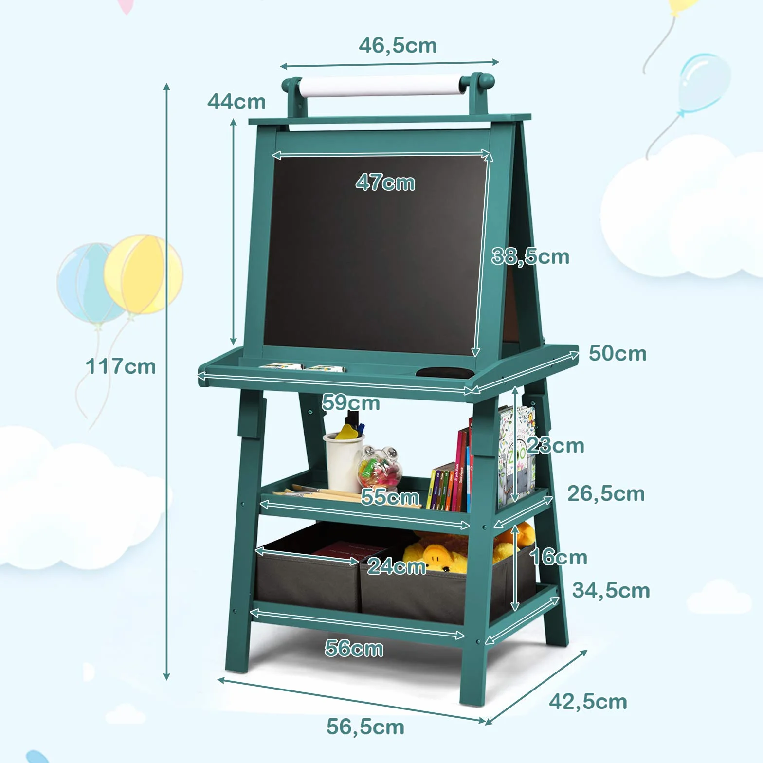 RELAX4LIFE 3 in 1 Lavagna per Bambini, Cavalletto Pittura Doppia Faccia Magnetica con Rotolo di Carta, Giocattolo Educativo 3+ Anni (Blu)