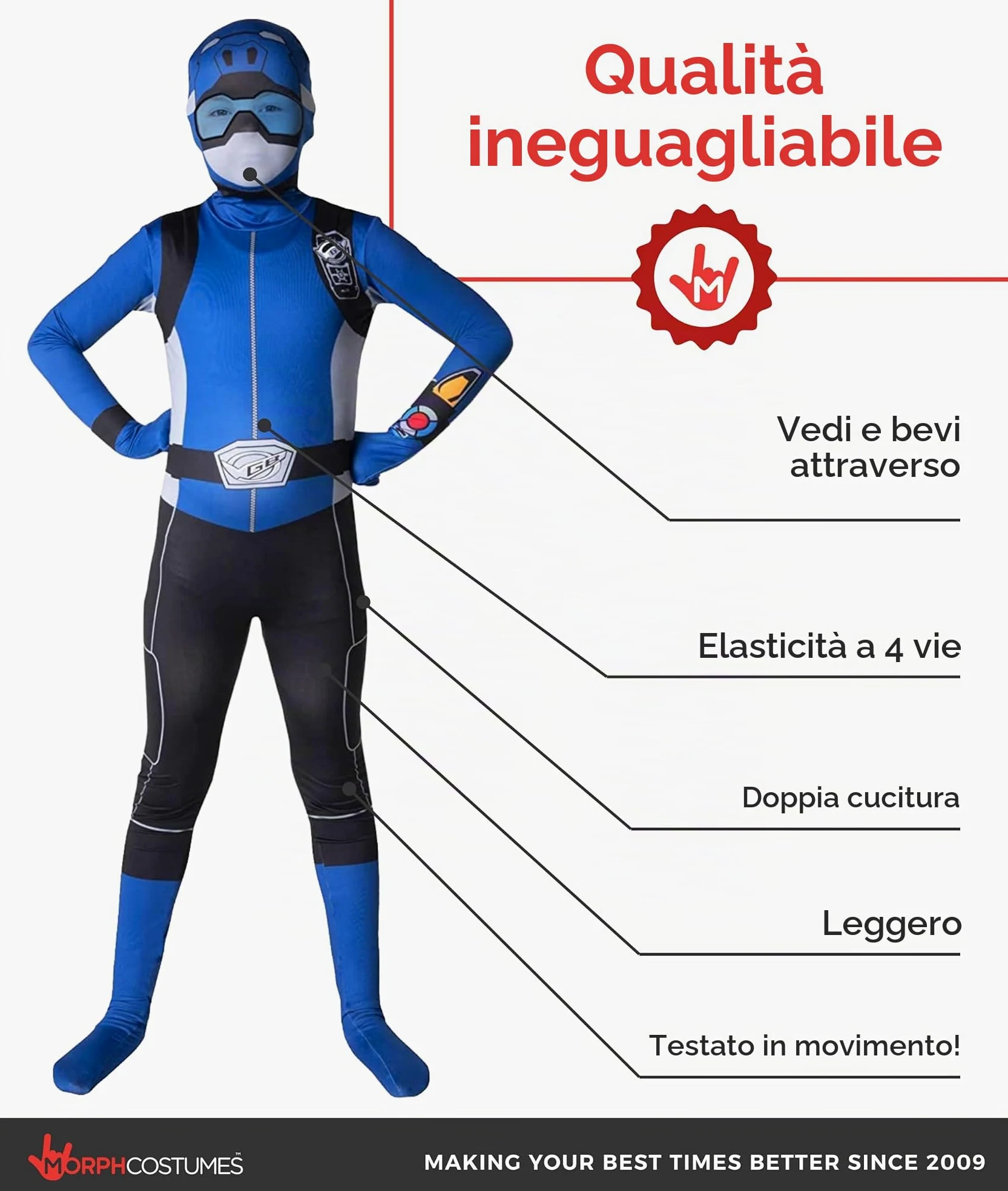 Morphsuits Costume Power Ranger Blu Bambino, Tuta Halloween Bambino | Tuta Integrale con Cappuccio e Visiera, Design Ranger Blu, Chiusura con Zip, Perfetto per Halloween, Ideale per il Cosplay
