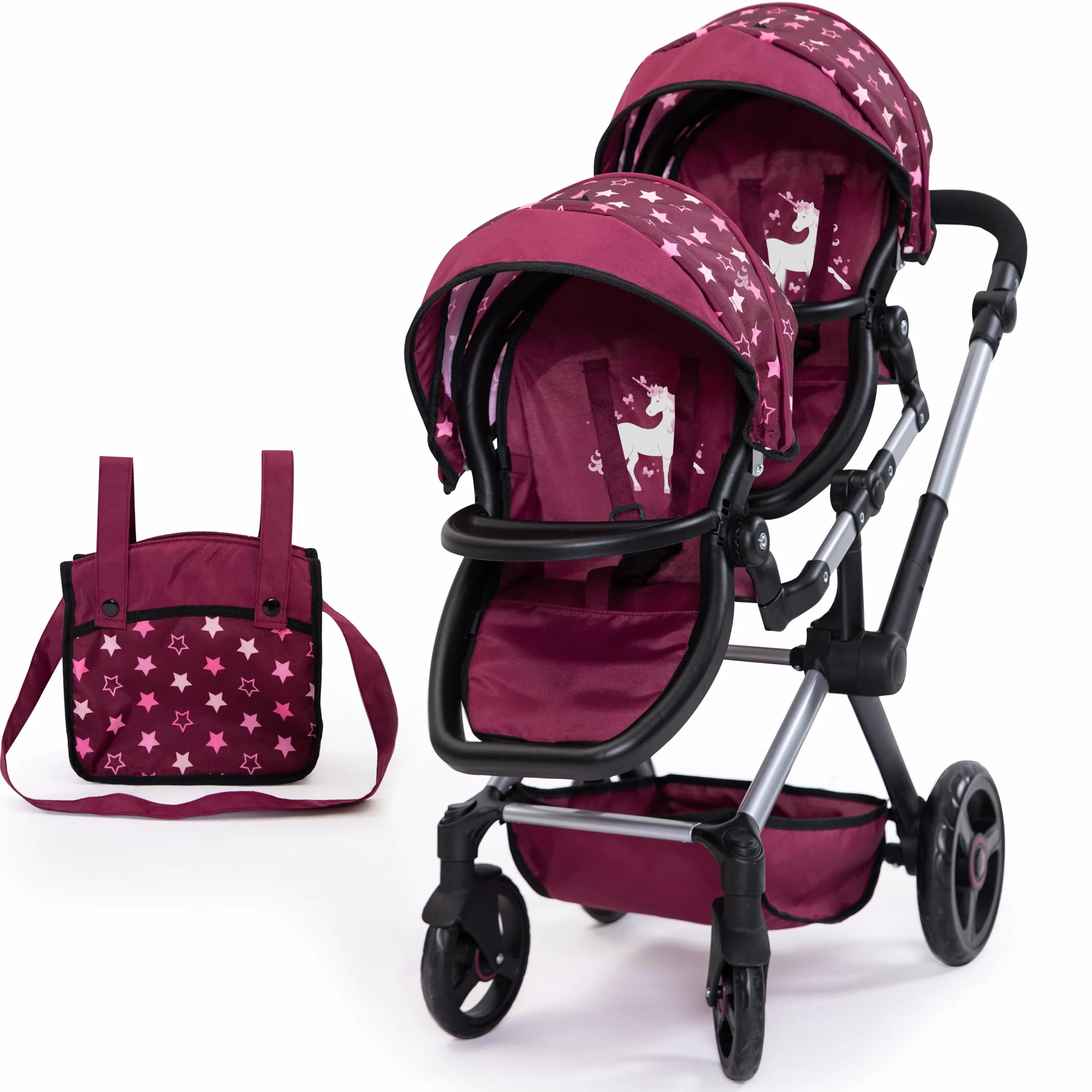 Bayer Design 26723AA Carrozzina gemellare Twin Xeo, carrozzina per bambole doppia, regolabile in altezza, borsa, bordeaux, rosa, stelle