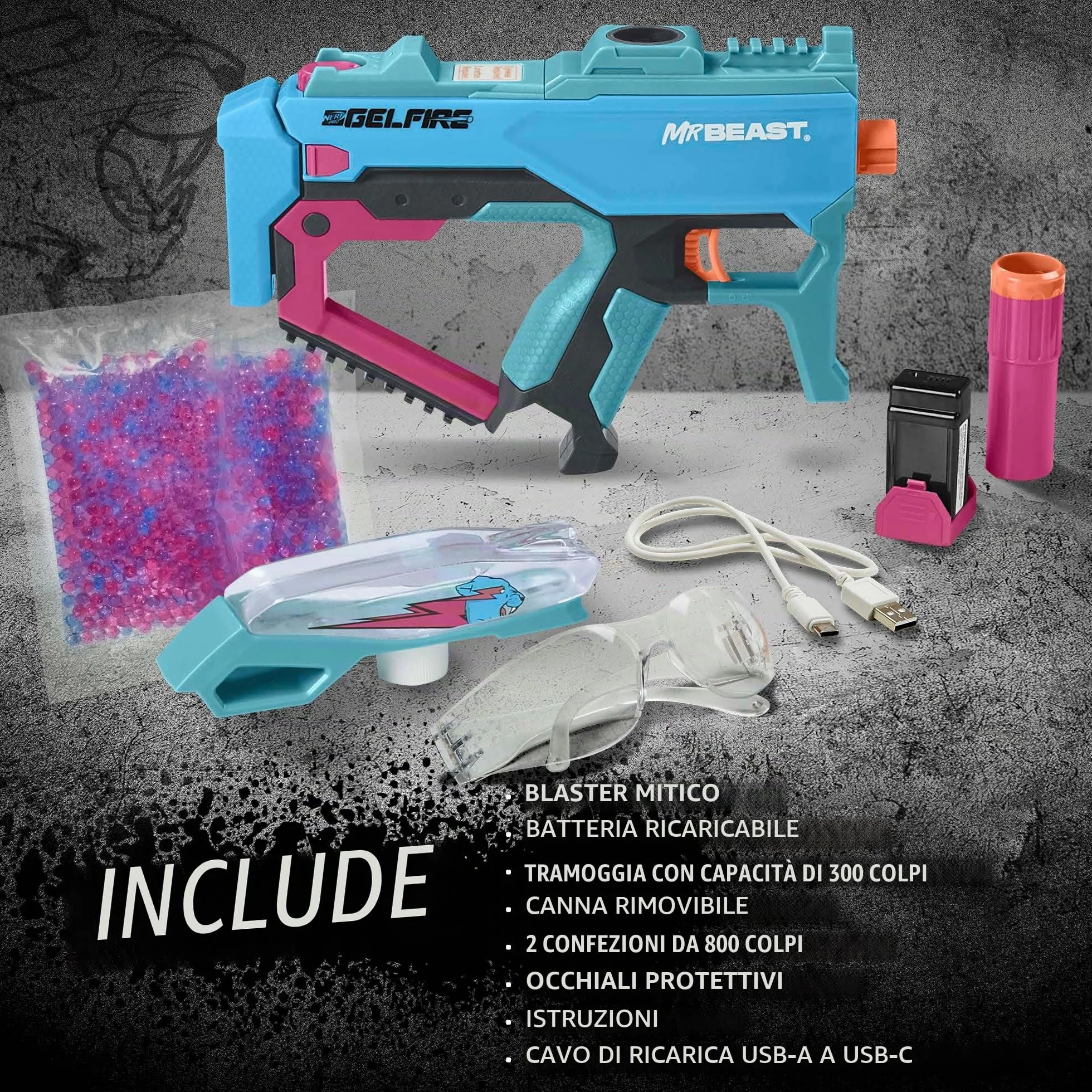 Nerf Pro Gelfire X MrBeast Blaster, 1600 Gelfire Rounds, 300 Round Hopper, Batteria Ricaricabile, Occhiali